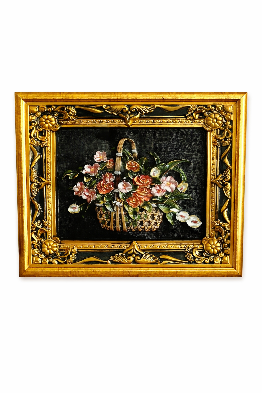 VINTAGE 1970s FLORAL BASKET 3D RELIEF WALL ART IN GOLD FRAME