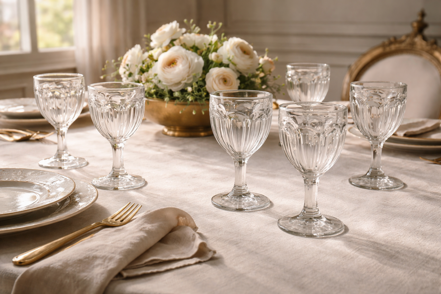 VINTAGE PRESSED GLASS FLUTED WINE GOBLETS SET OF 6 | EUROPEAN BISTRO  STEMWARE | CLEAR GLASS TABLEWARE