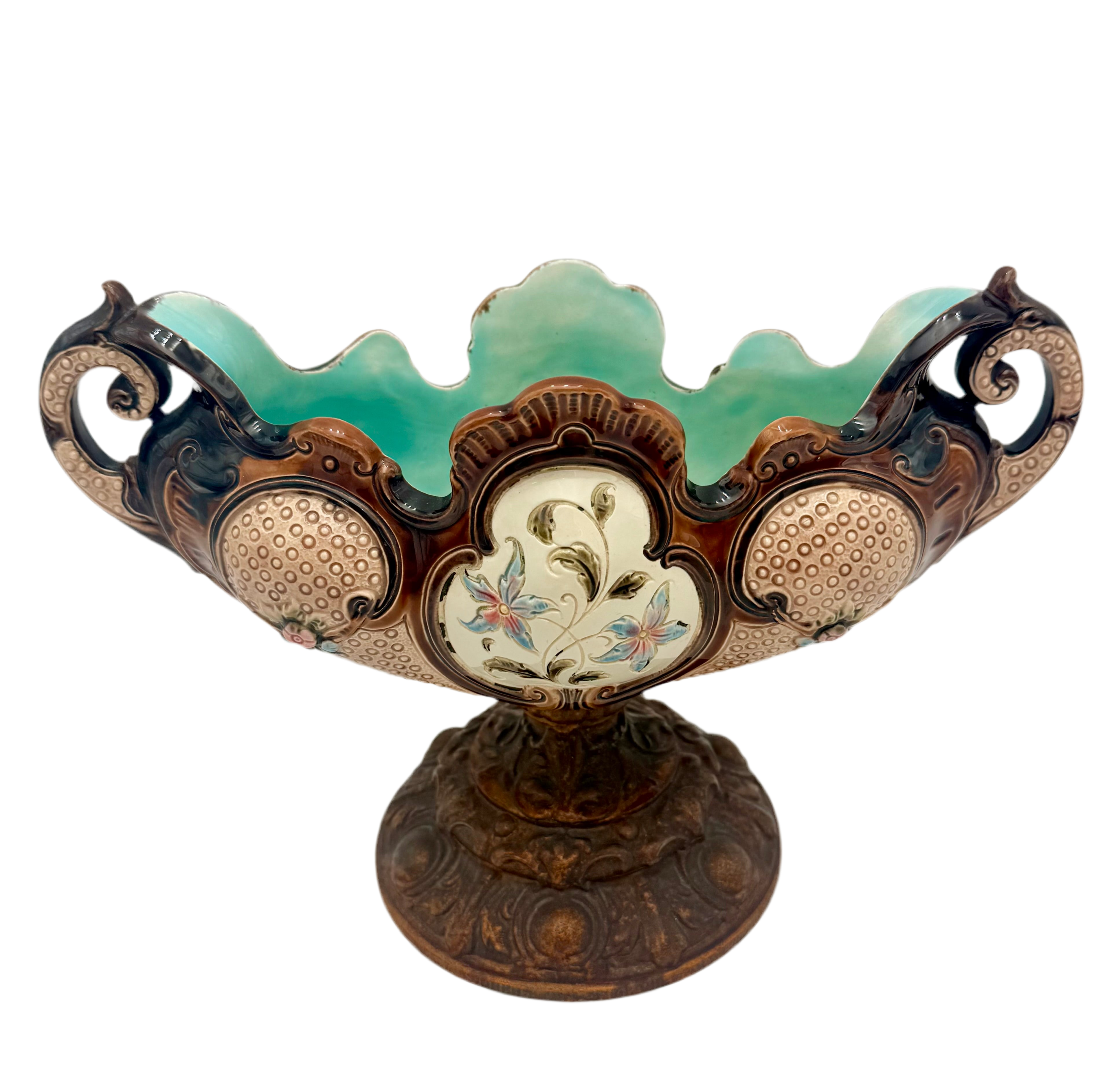 ANTIQUE VICTORIAN MAJOLICA PEDESTAL PLANTER – HAND PAINTED FLORAL SCALLOPED BOWL