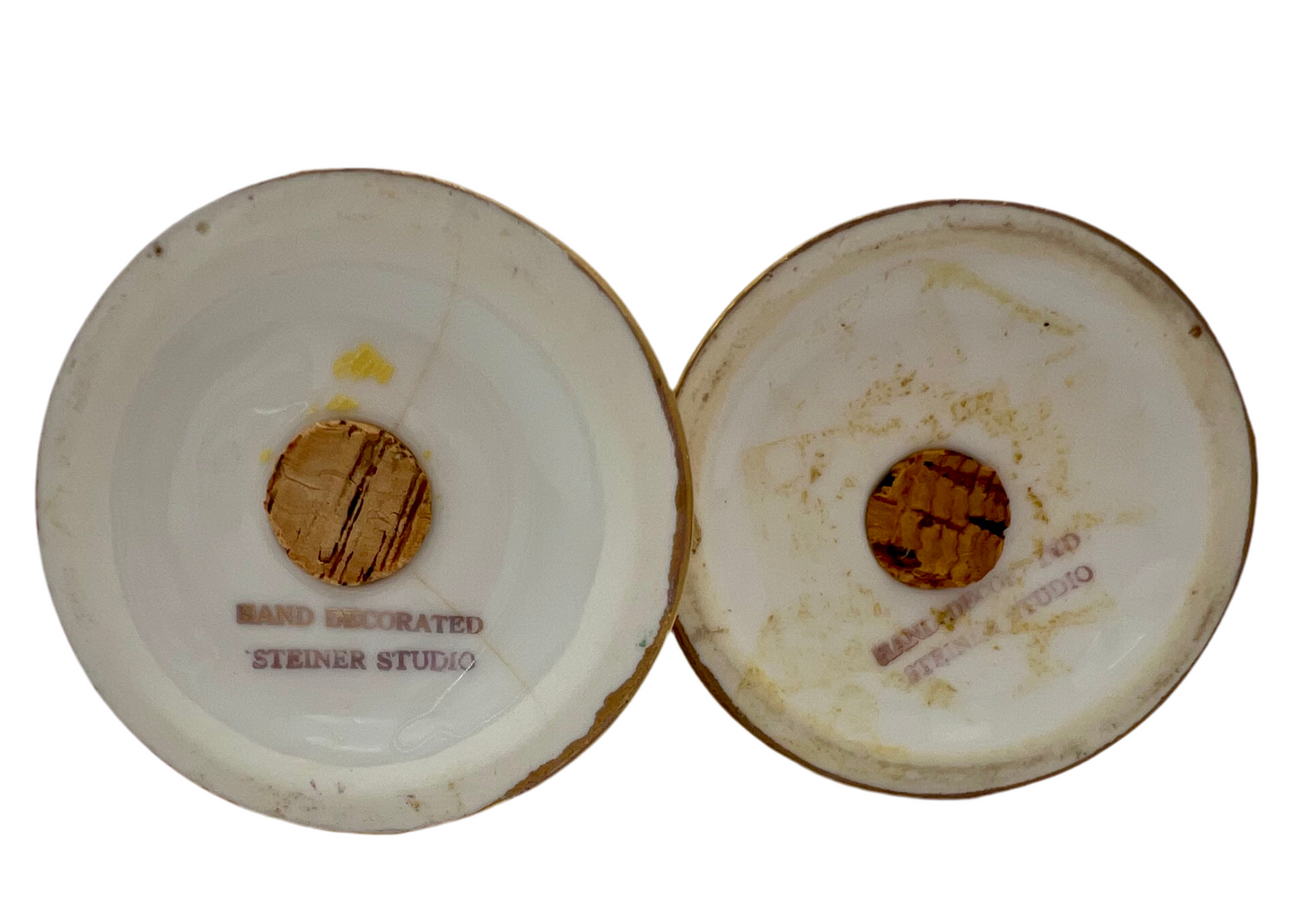 VINTAGE STEINER STUDIO LOS ANGELES 22K GOLD HAND DECORATED SALT & PEPPER SHAKERS – 6.25 INCH