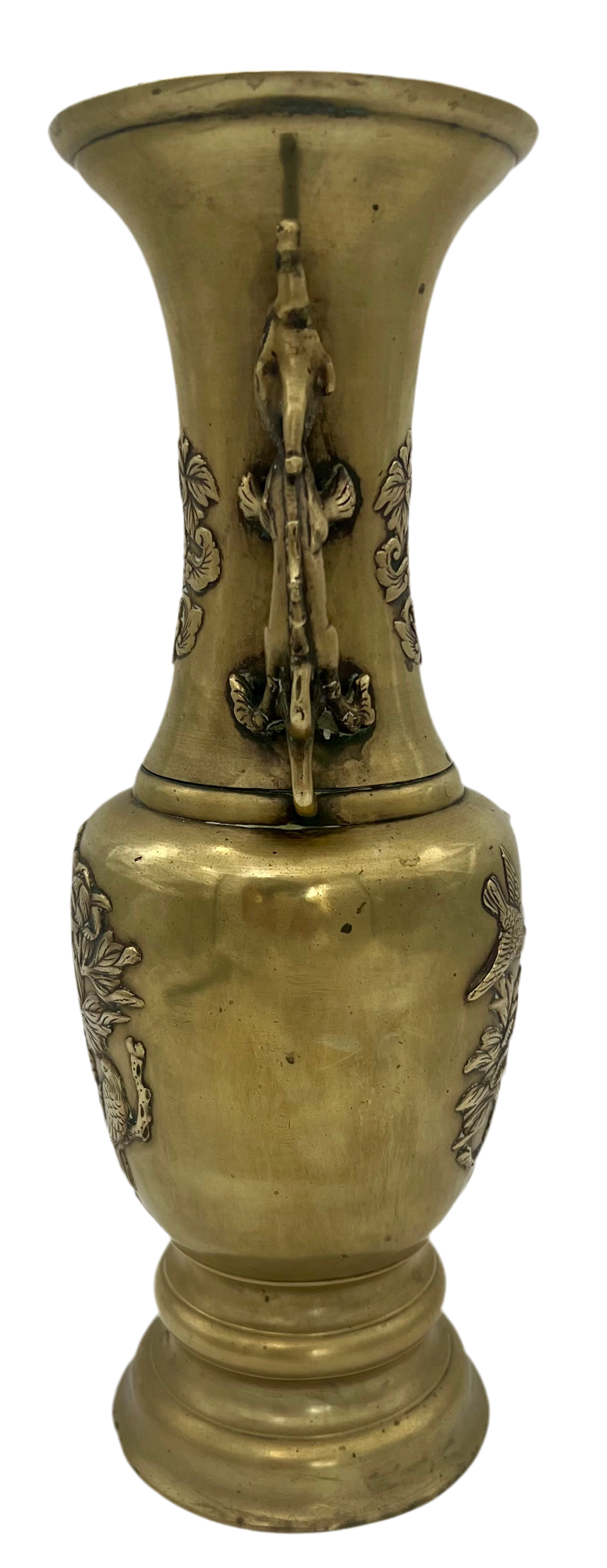 CHINOISERIE CAST BRASS DRAGON HANDLE ALTAR VASE WITH PEONY & BIRD RELIEF – 13.75 INCH STATEMENT PIECE