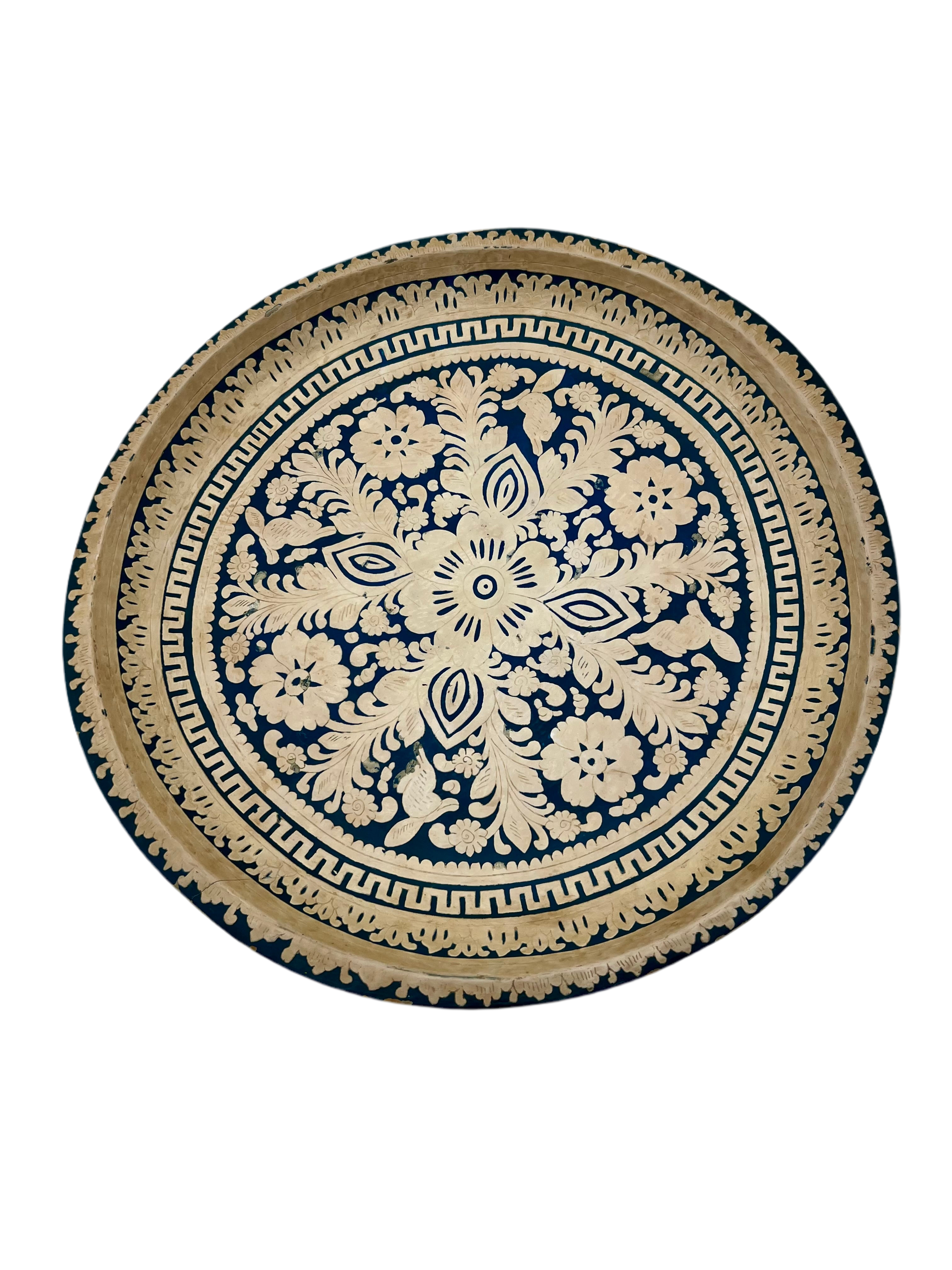 VINTAGE INDIAN BONE INLAY TRAY – HANDCRAFTED RAJASTHAN FLORAL DESIGN – NAVY & IVORY DECORATIVE ROUND TRAY – 17” BOHO SERVING TRAY