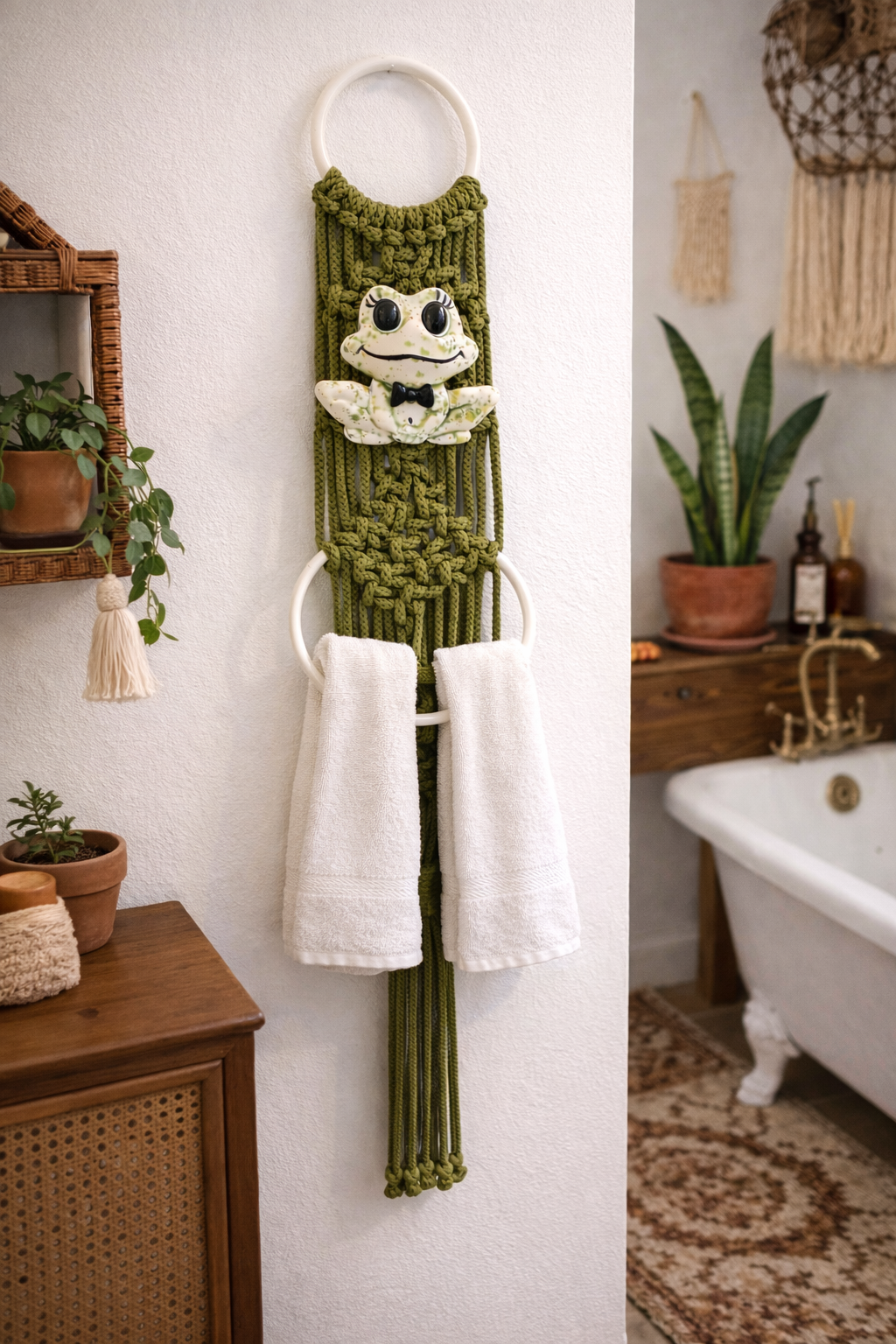 Vintage Macramé Frog Towel Holder Wall Hanging, 1970s Boho Bathroom Decor, Ceramic Frog Wall Art, Green Macrame Towel Rack with Two Rings