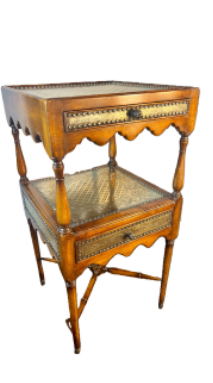 Theodore Alexander Regency Engraver Brass Accent Table, Two Tier Acacia Side Table, Designer Regency Furniture