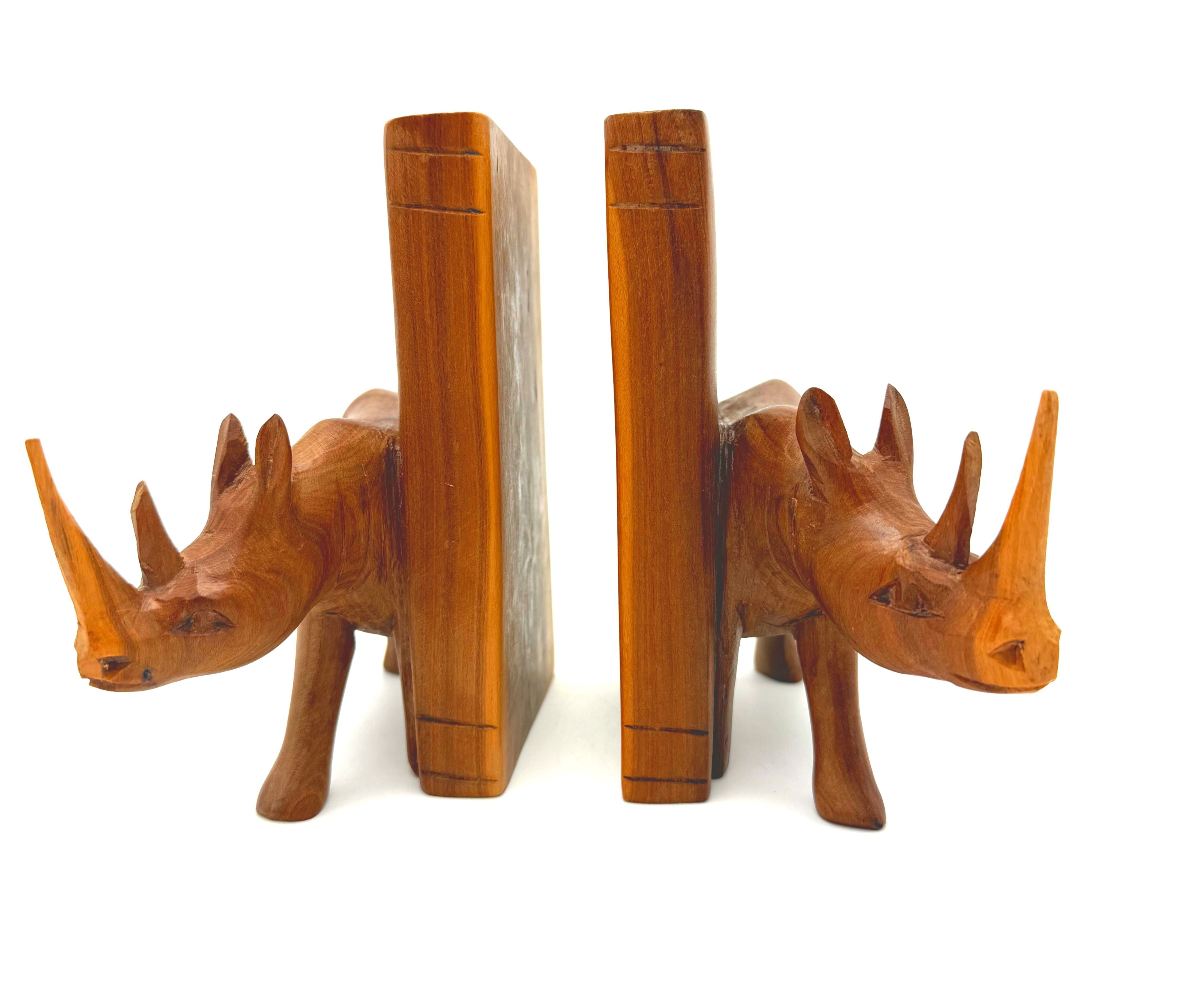 VINTAGE HAND CARVED WOOD RHINO BOOKENDS