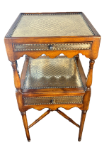 Theodore Alexander Regency Engraver Brass Accent Table, Two Tier Acacia Side Table, Designer Regency Furniture