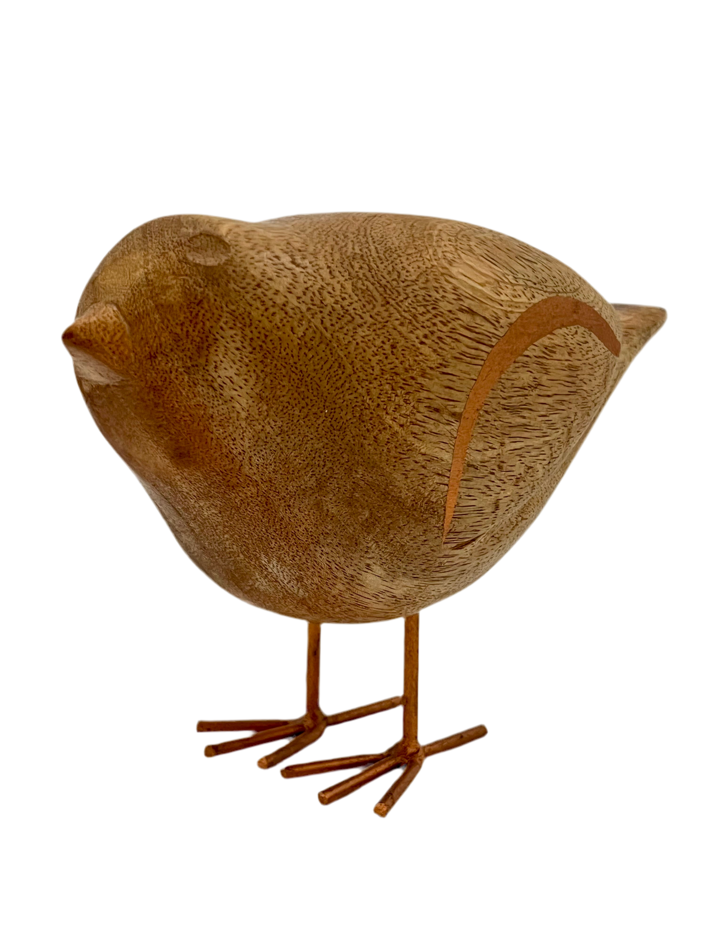 HAND-CARVED WOODEN BIRD SCULPTURE WITH METAL LEGS | 1970s–1980s MID-CENTURY MODERN STYLE DECORATIVE FIGURINE | NATURAL WOOD ACCENT | 8.5 INCHES WIDE