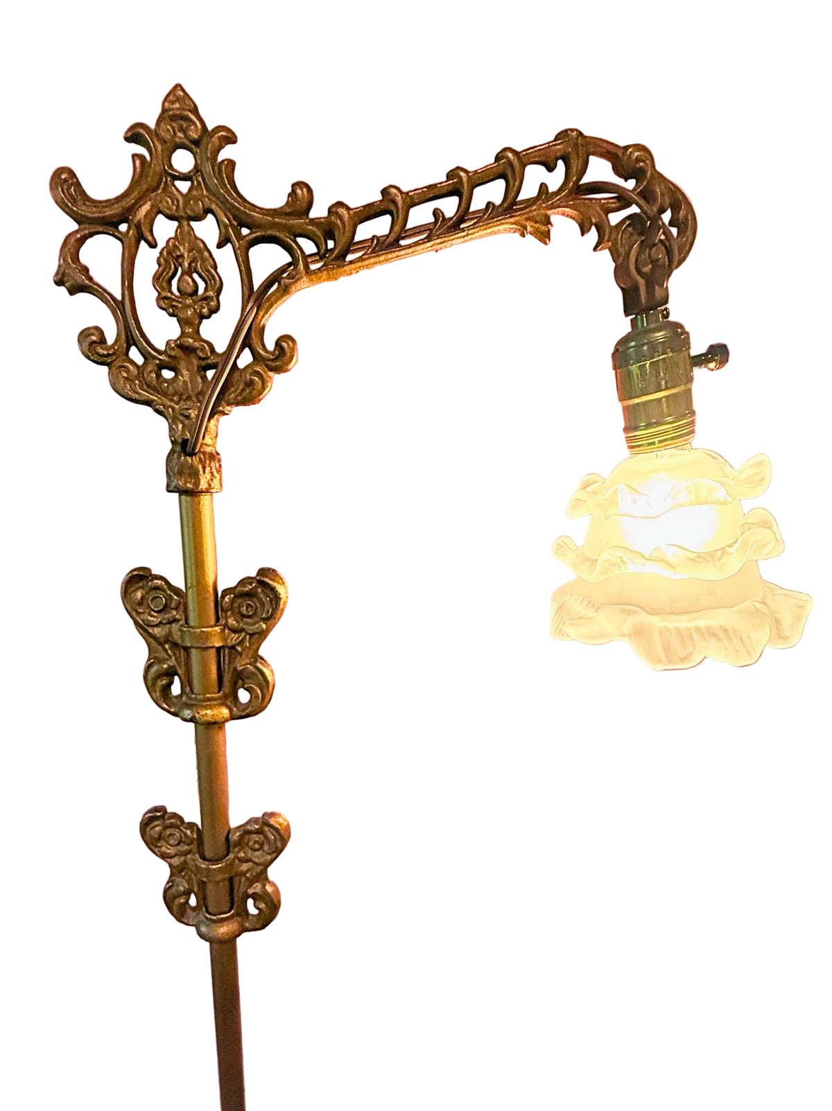 1920s Antique Bridge Floor Lamp with Adjustable Butterfly Ornaments, Ornate Gold Cast Metal Reading Lamp, Ruffled Glass Shade