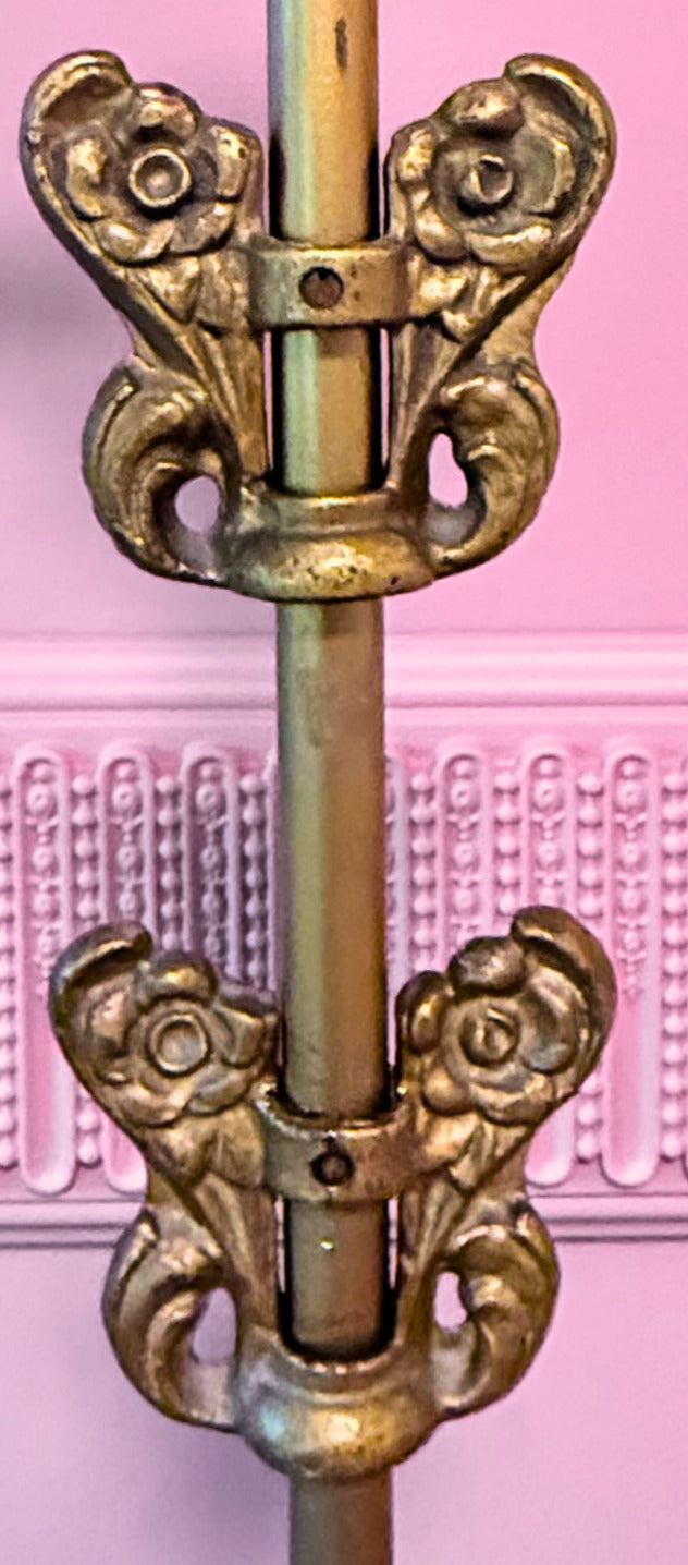 1920s Antique Bridge Floor Lamp with Adjustable Butterfly Ornaments, Ornate Gold Cast Metal Reading Lamp, Ruffled Glass Shade