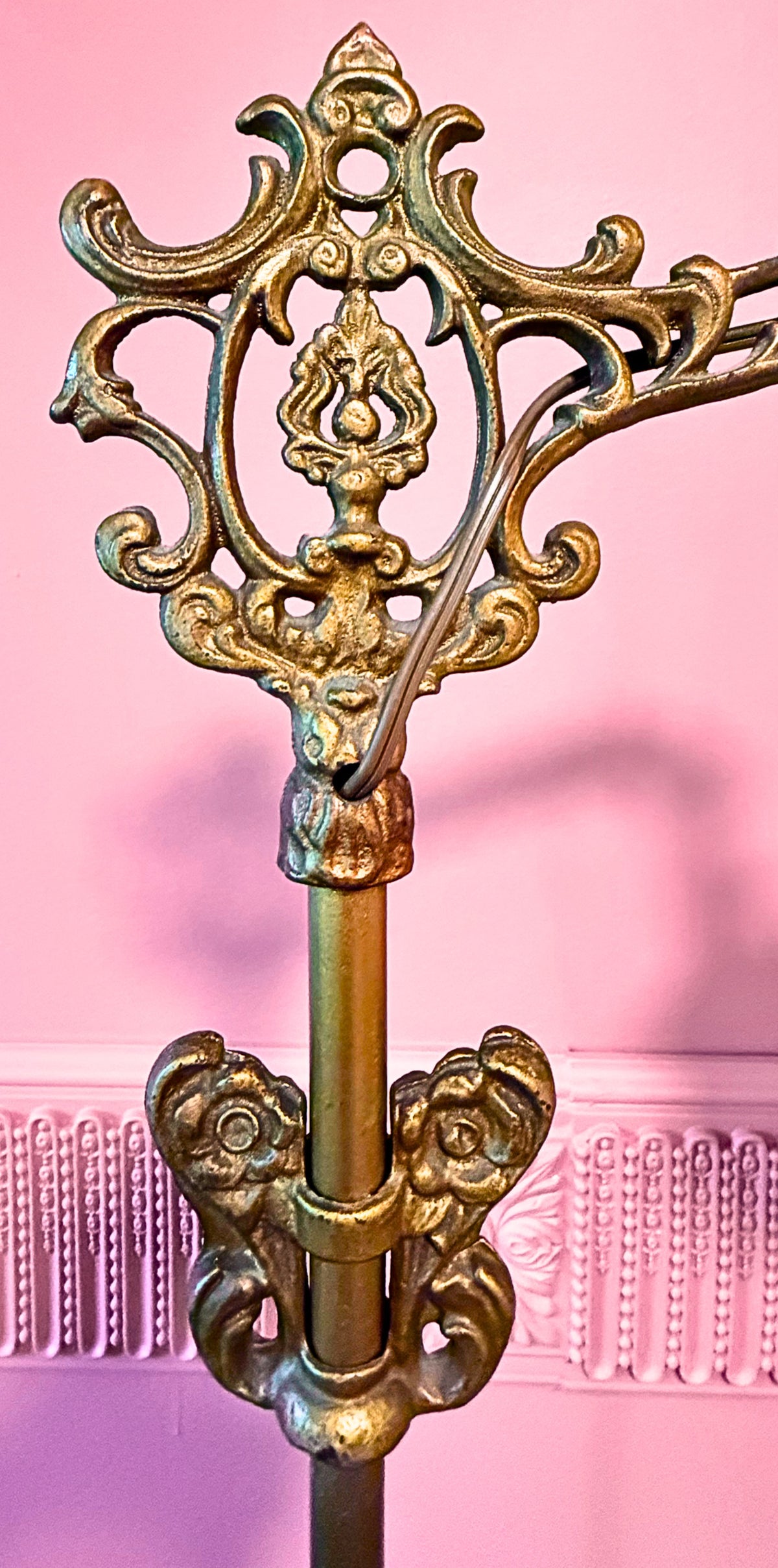 1920s Antique Bridge Floor Lamp with Adjustable Butterfly Ornaments, Ornate Gold Cast Metal Reading Lamp, Ruffled Glass Shade