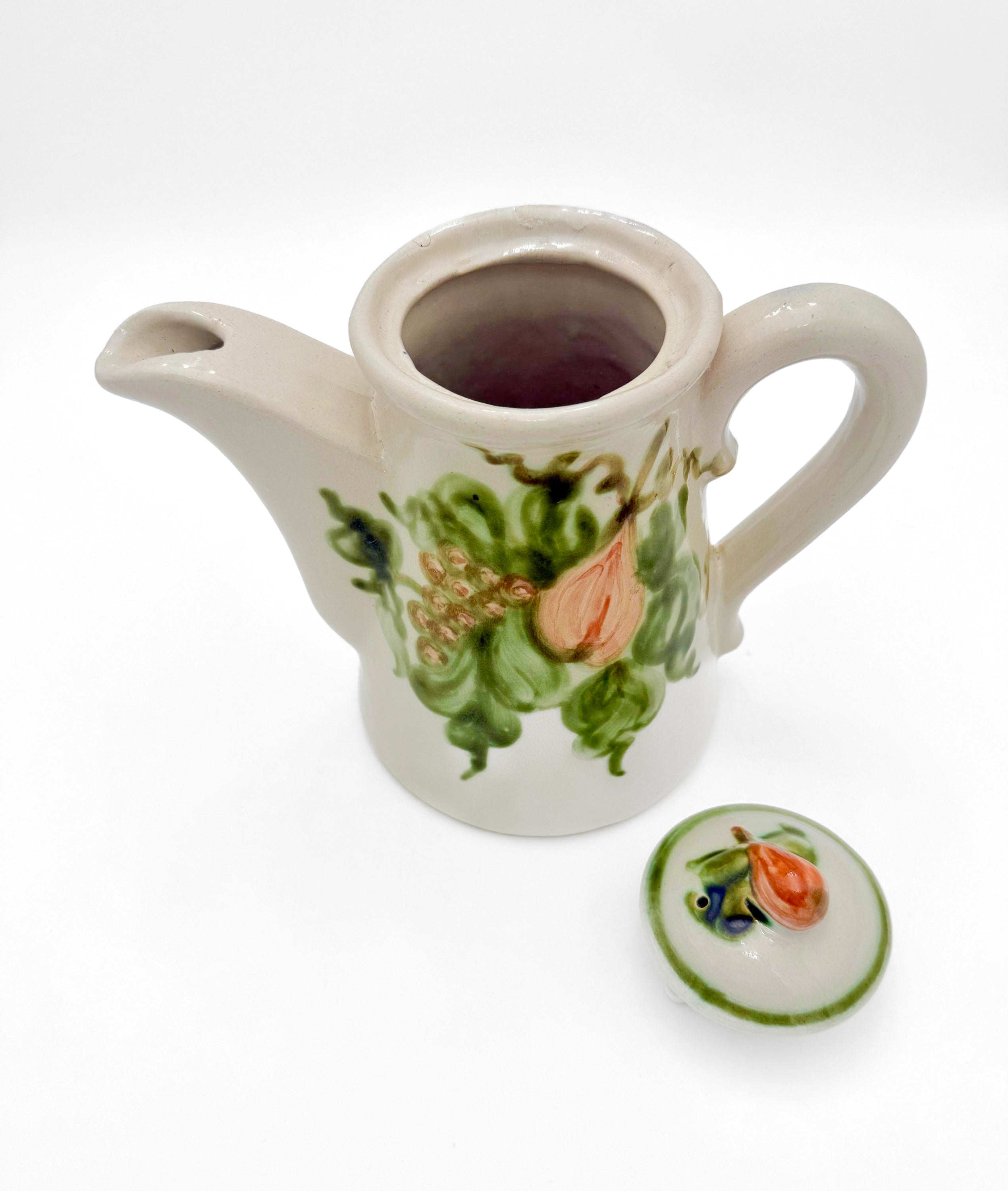 Large vintage 1950s John B. Taylor ceramic coffee pot in the signature Harvest fruit pattern.