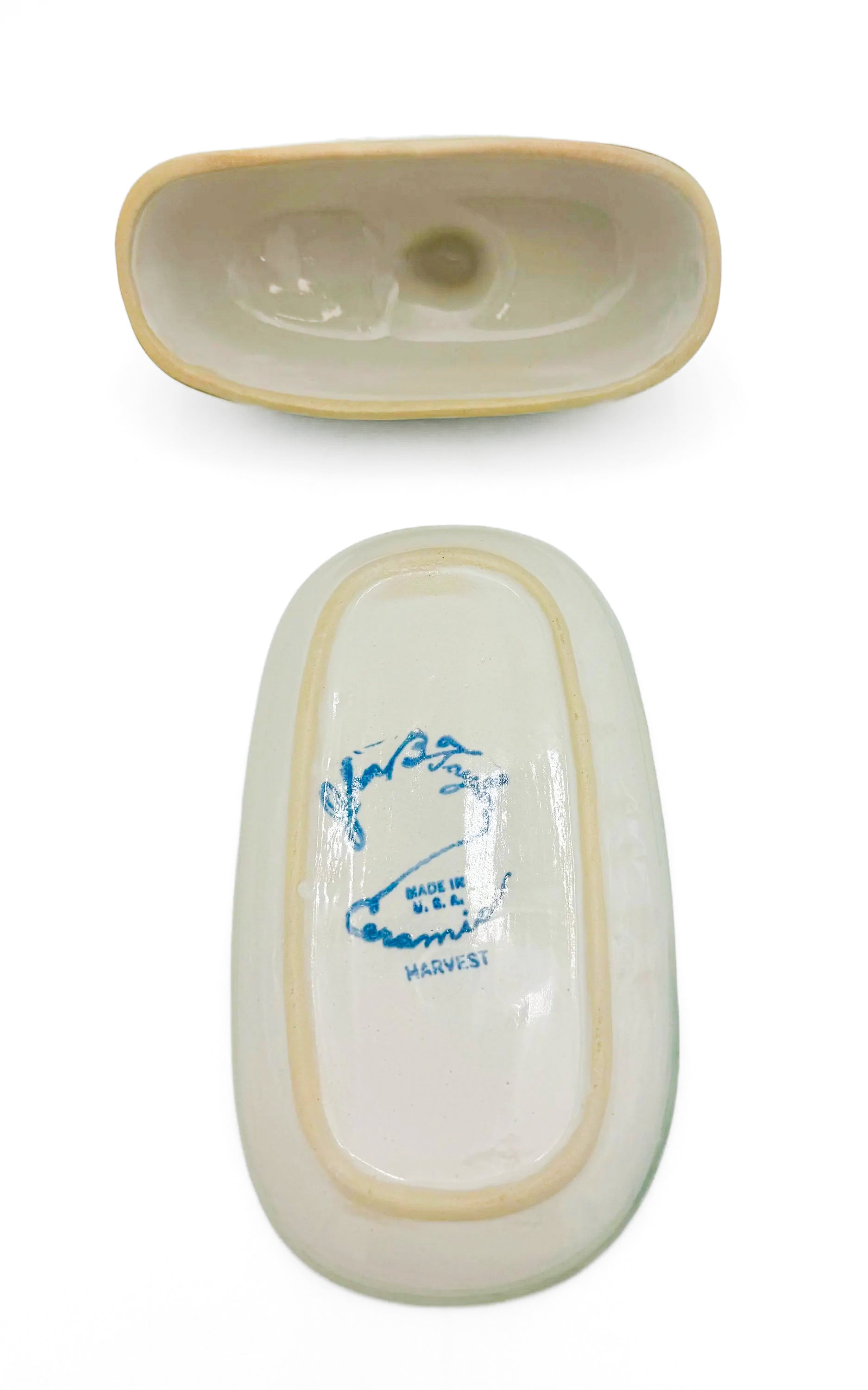 Vintage 1950s John B. Taylor Harvest pattern ceramic covered butter dish with raised fruit motifs.