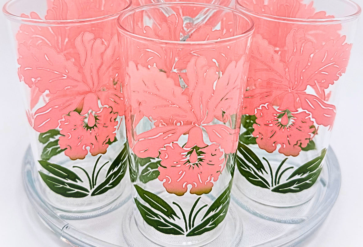Vintage 1950s Pink Orchid Highball Glasses with Glass Carrier 7 Piece Set