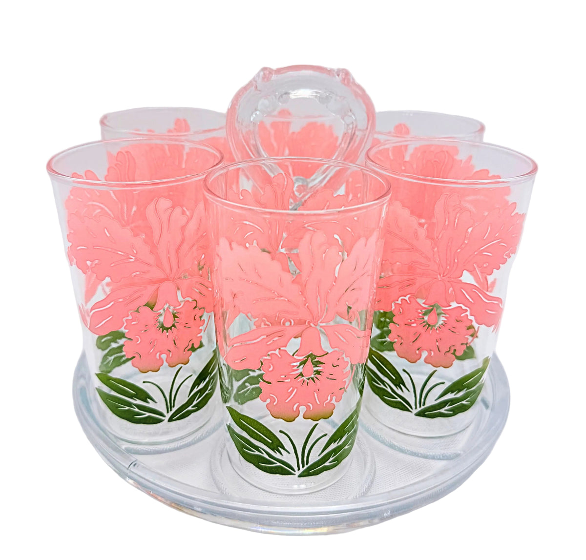 Vintage 1950s Pink Orchid Highball Glasses with Glass Carrier 7 Piece Set