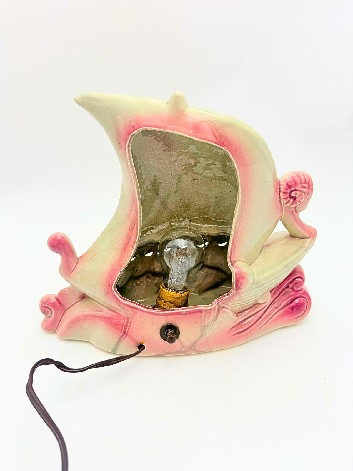 Vintage 1950s Pink & Gray Green Viking Ship Ceramic TV Lamp