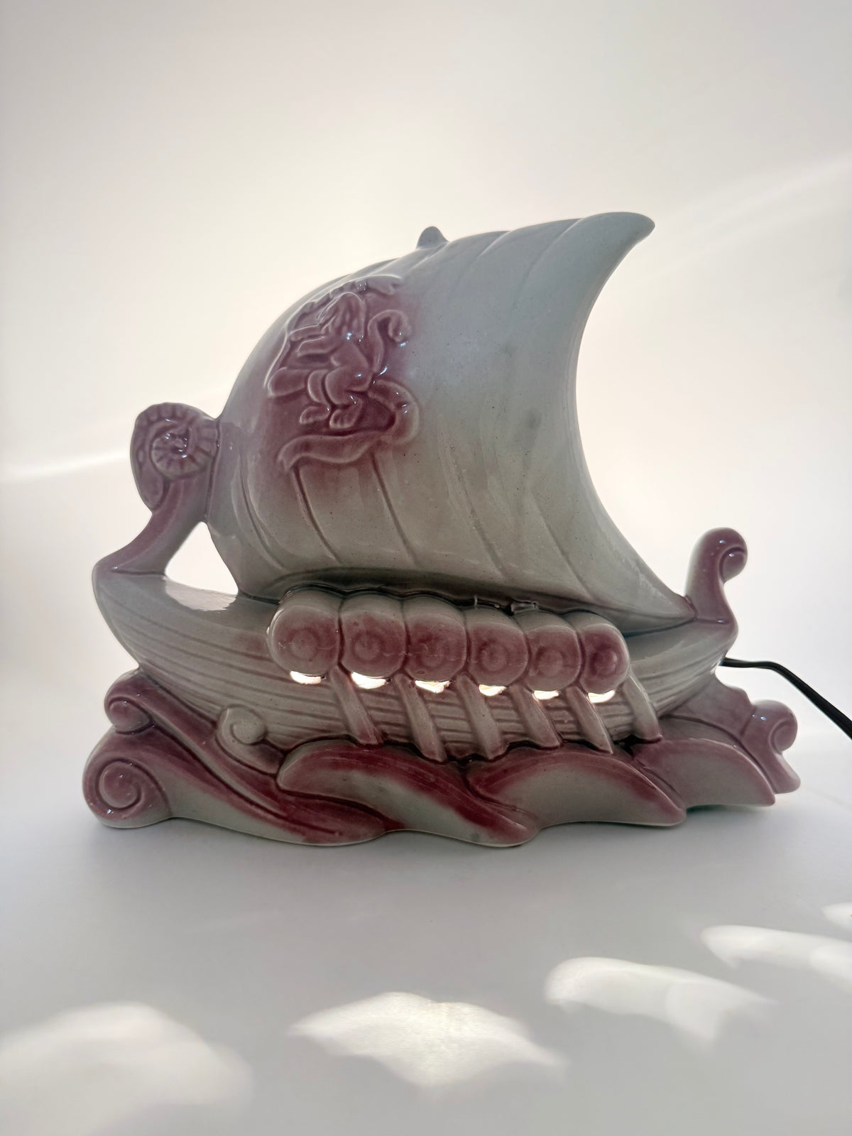 Vintage 1950s Pink & Gray Green Viking Ship Ceramic TV Lamp