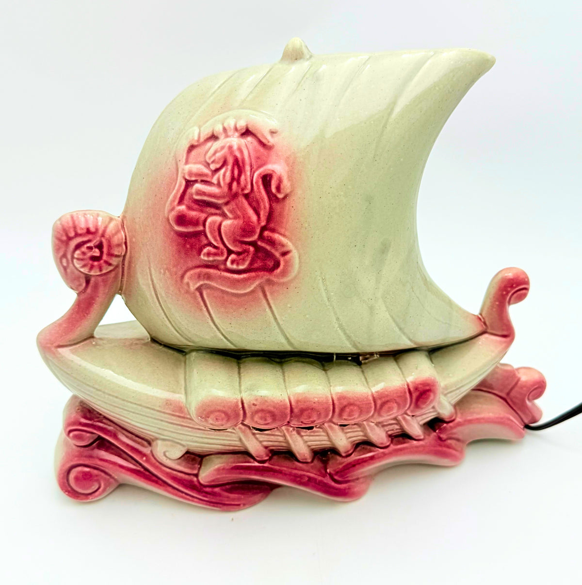 Vintage 1950s Pink & Gray Green Viking Ship Ceramic TV Lamp