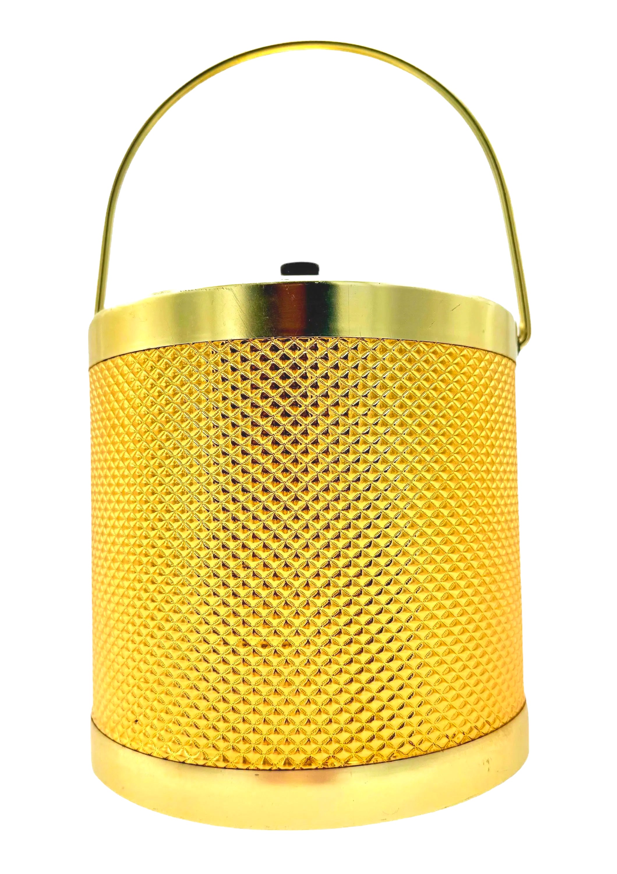Glamorous 1960s Italian Hollywood Regency ice bucket with a reflective gold finish and matching lid.