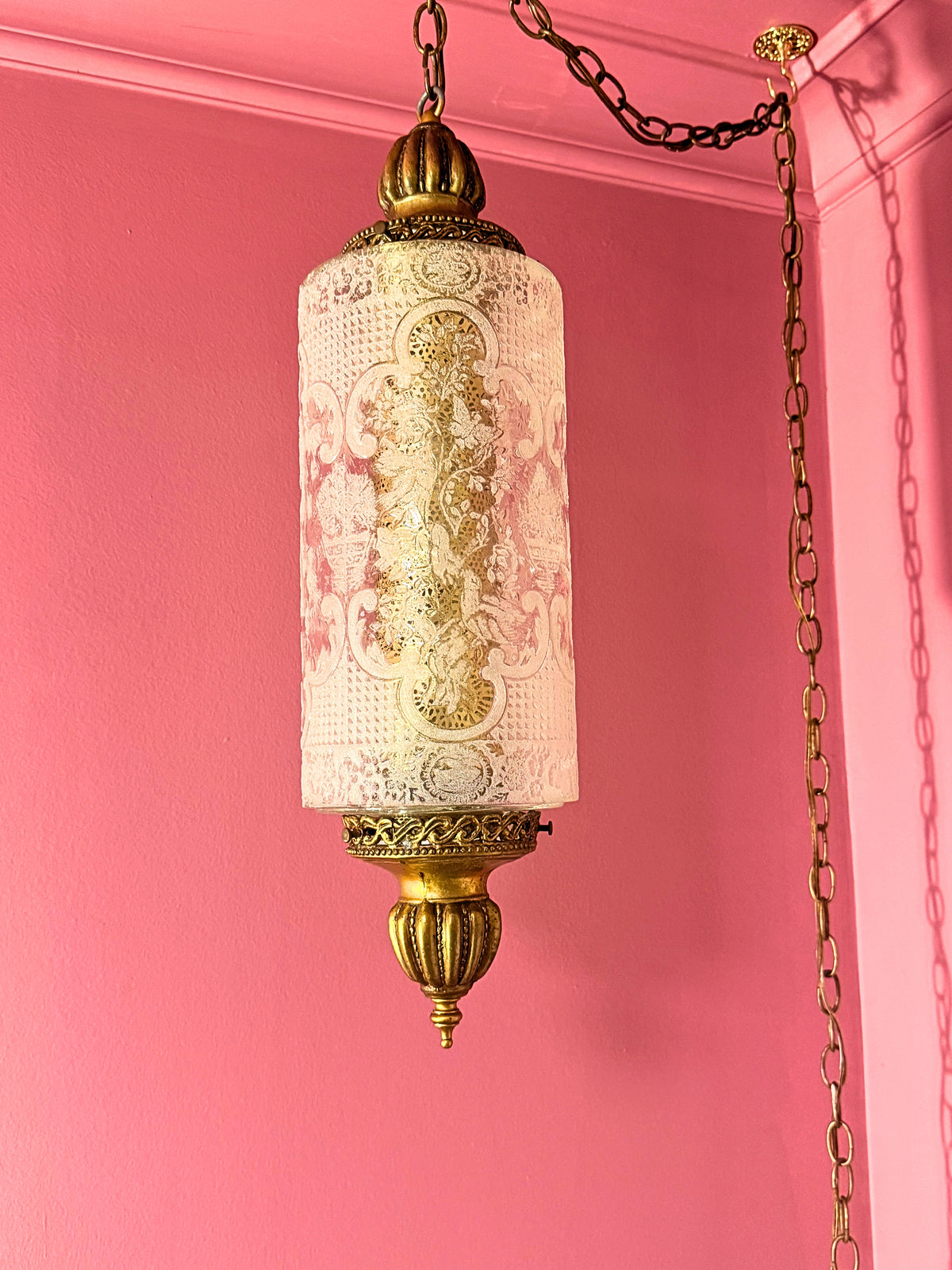 Vintage 1970s Hollywood Regency Ornate Glass Swag Lantern American Circa 1970s