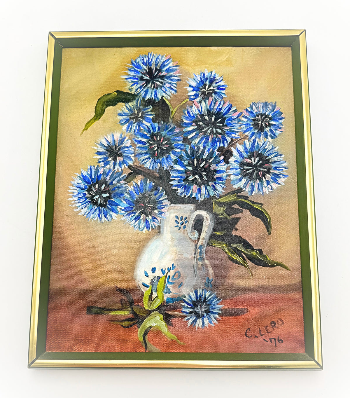 Vintage 1976 Original Floral Painting Signed C. Lero, Blue Cornflower Still Life on Canvas, Framed Cottagecore Wall Art