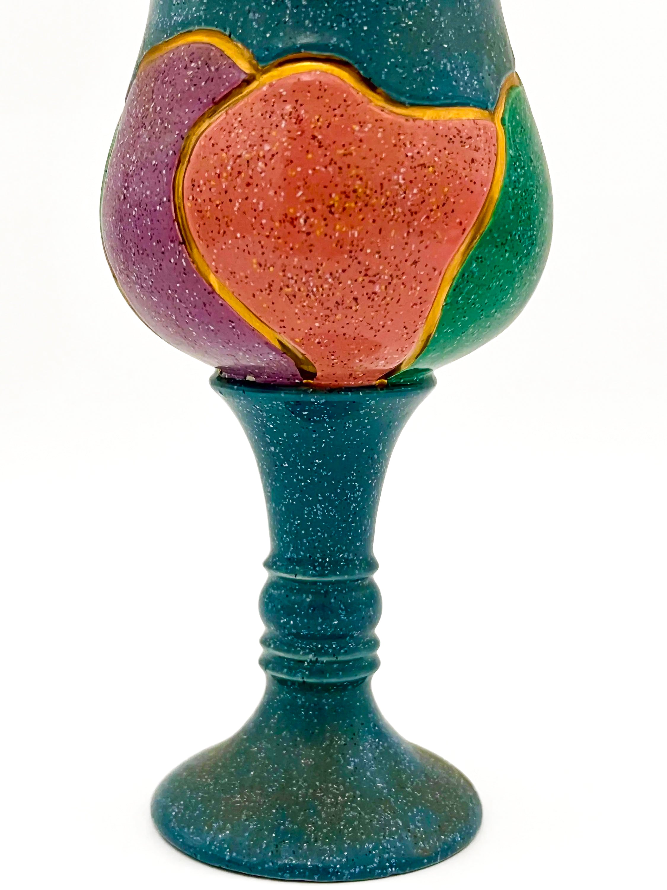 Large 1980s decorative ceramic goblet with unique artistic glazing and a sculptural stem.