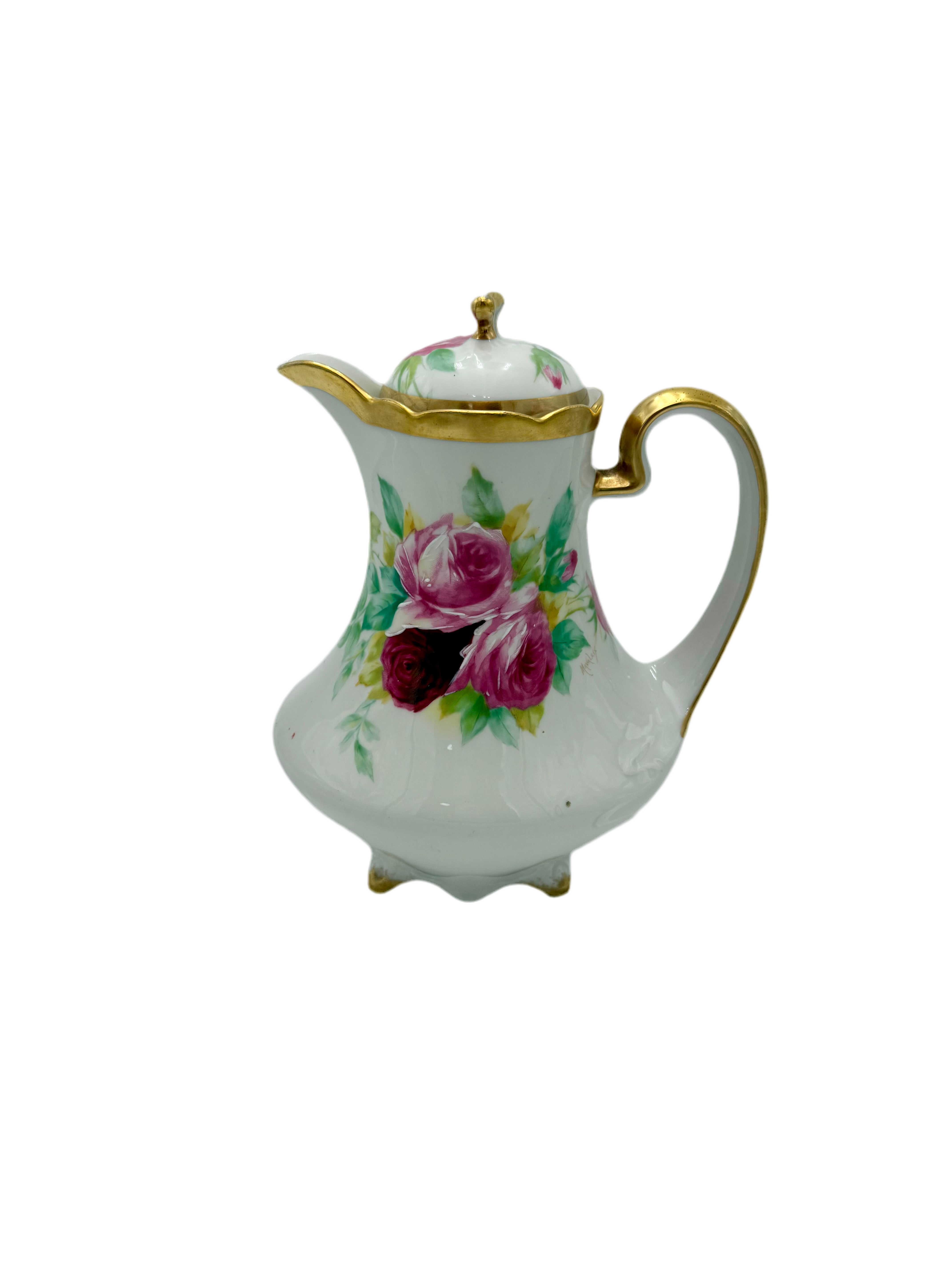 ANTIQUE LIMOGES “CORONET” HAND-PAINTED CHOCOLATE POT – SIGNED MAVALEIX – PINK ROSES & GOLD TRIM – ART NOUVEAU ERA FRANCE c.1906–1920