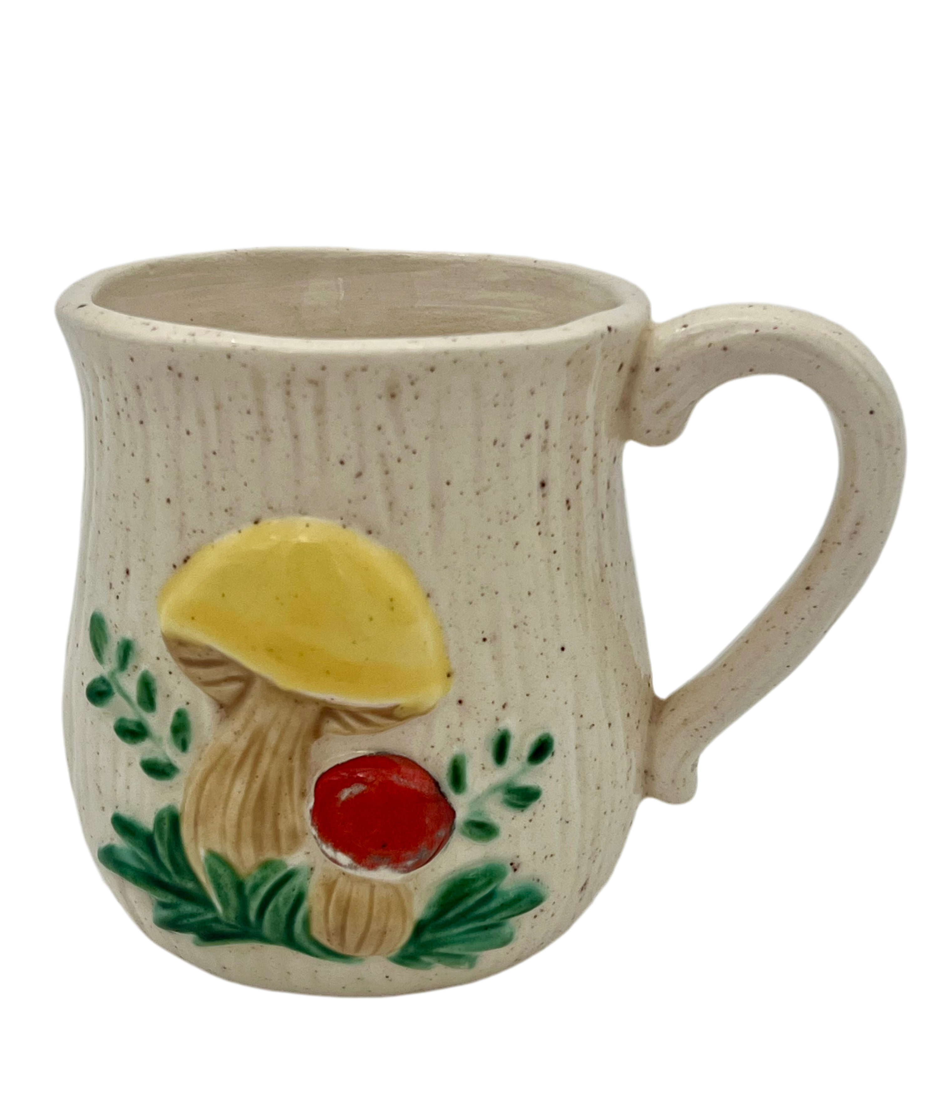 VINTAGE MUSHROOM STONEWARE MUG – 1970s COTTAGECORE CERAMIC COFFEE CUP, RETRO FUNGI KITCHEN DECOR