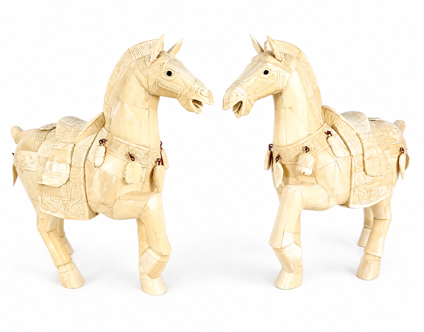 VINTAGE PAIR OF CHINESE TANG STYLE TESSELLATED BONE HORSE SCULPTURES