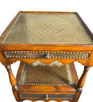 Theodore Alexander Regency Engraver Brass Accent Table, Two Tier Acacia Side Table, Designer Regency Furniture