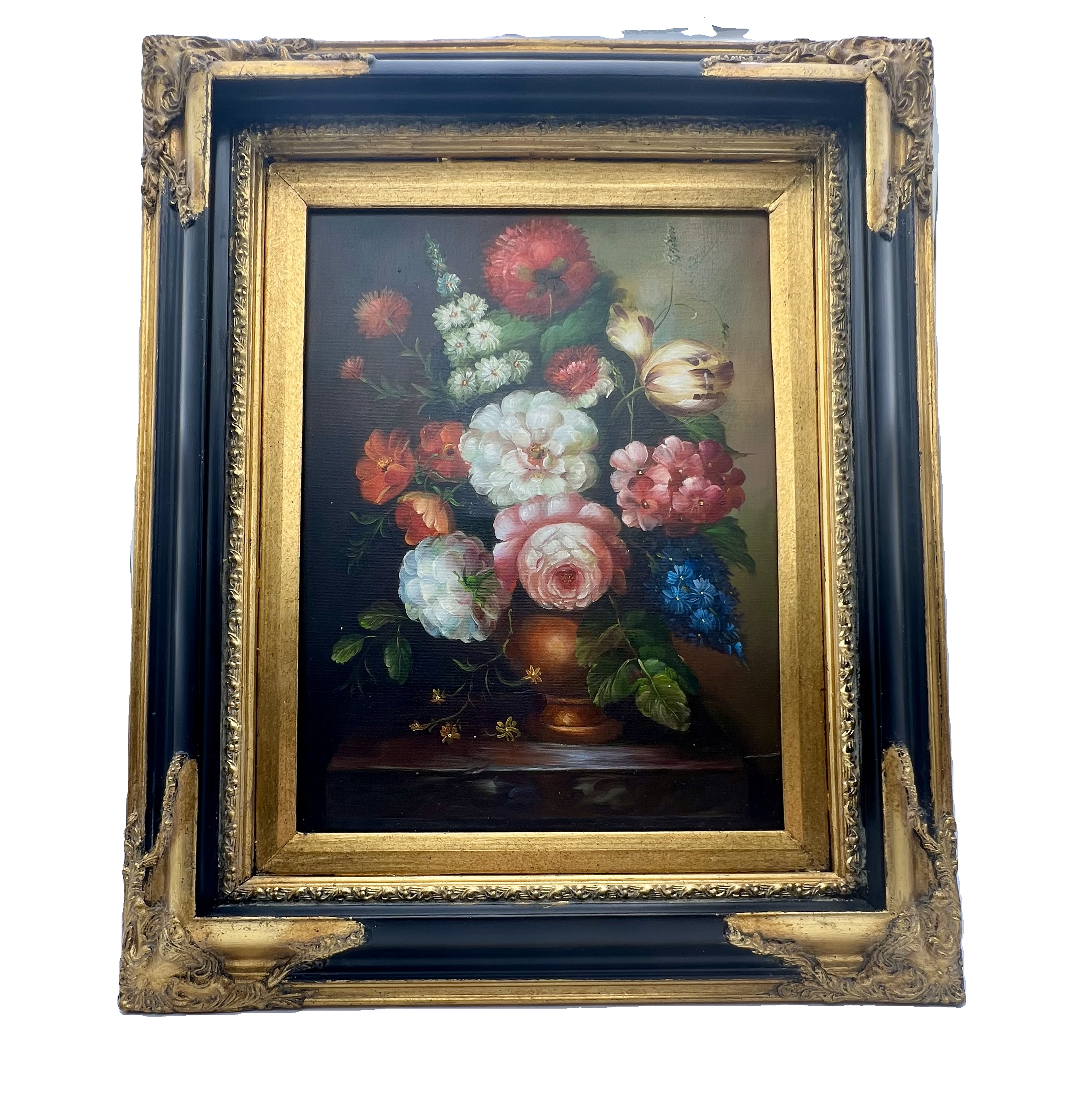 ANTIQUE STYLE FLORAL STILL LIFE OIL PAINTING WITH ORNATE FRAME