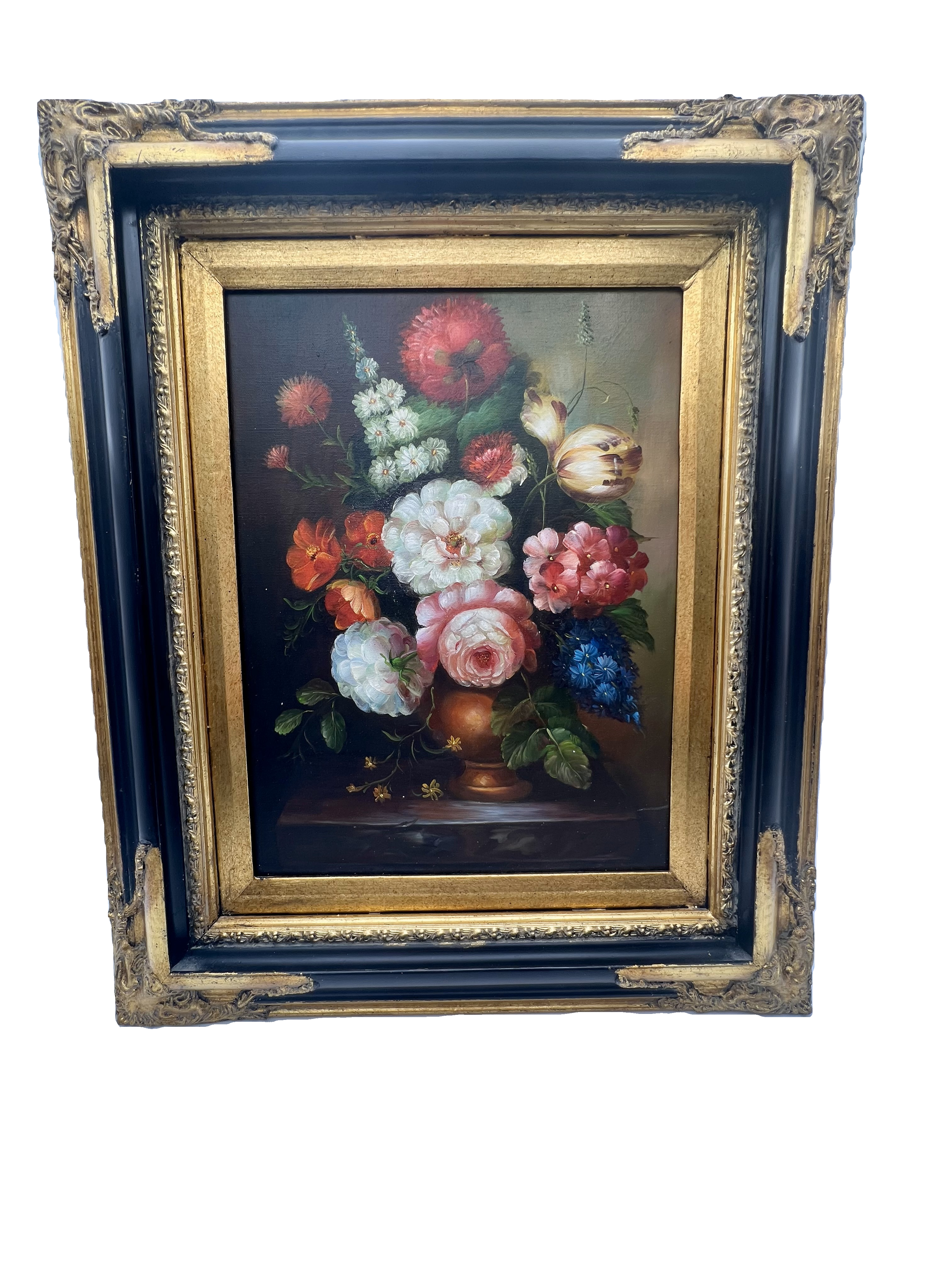 ANTIQUE STYLE FLORAL STILL LIFE OIL PAINTING WITH ORNATE FRAME