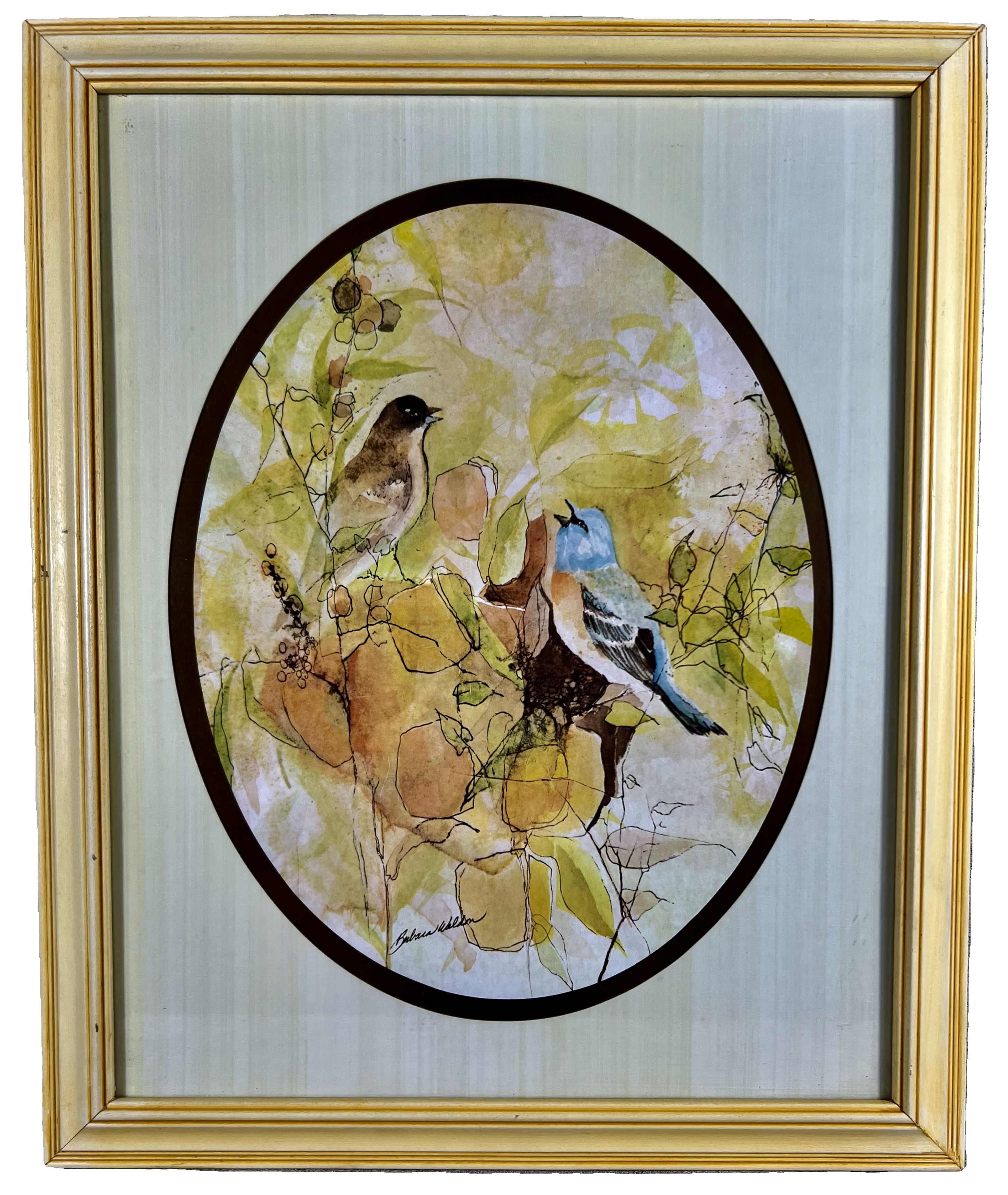 VINTAGE BARBARA WELDON BIRD PRINT IN YELLOW FRAME – MID CENTURY WATERCOLOR STYLE NATURE ART