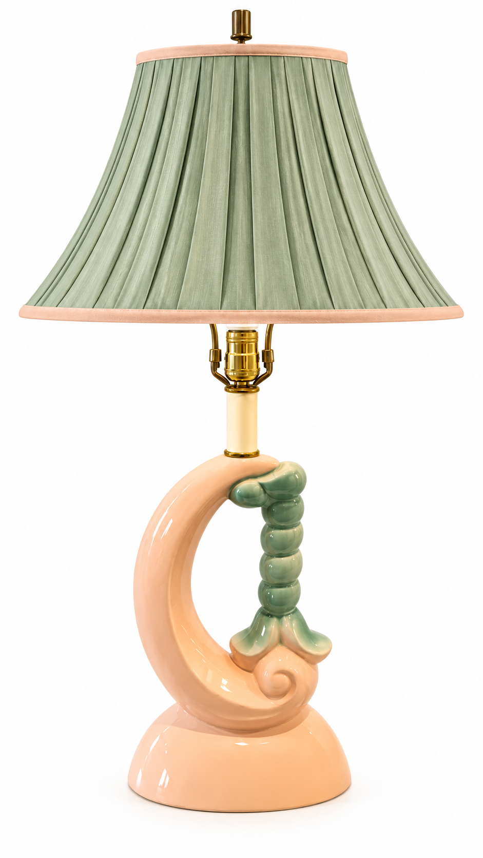 Vintage 1950s Ceramic Table Lamp Peach Pink Celadon Green Sculptural Lamp Hollywood Regency Palm Beach Decor