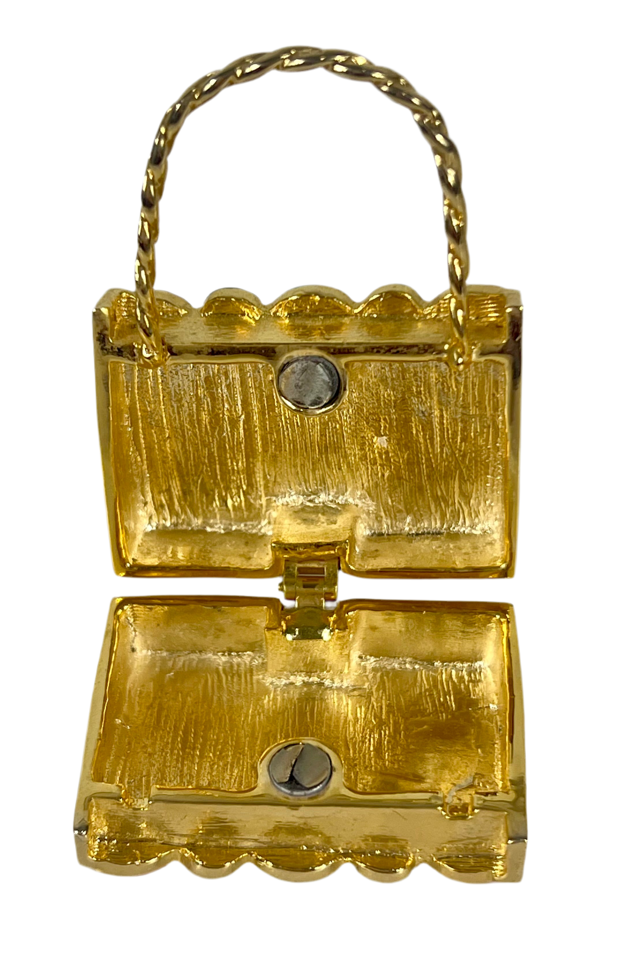 JEWELED ENAMEL HANDBAG TRINKET BOX — GOLD TONE, PASTEL RHINESTONES, MINI PURSE KEEPSAKE