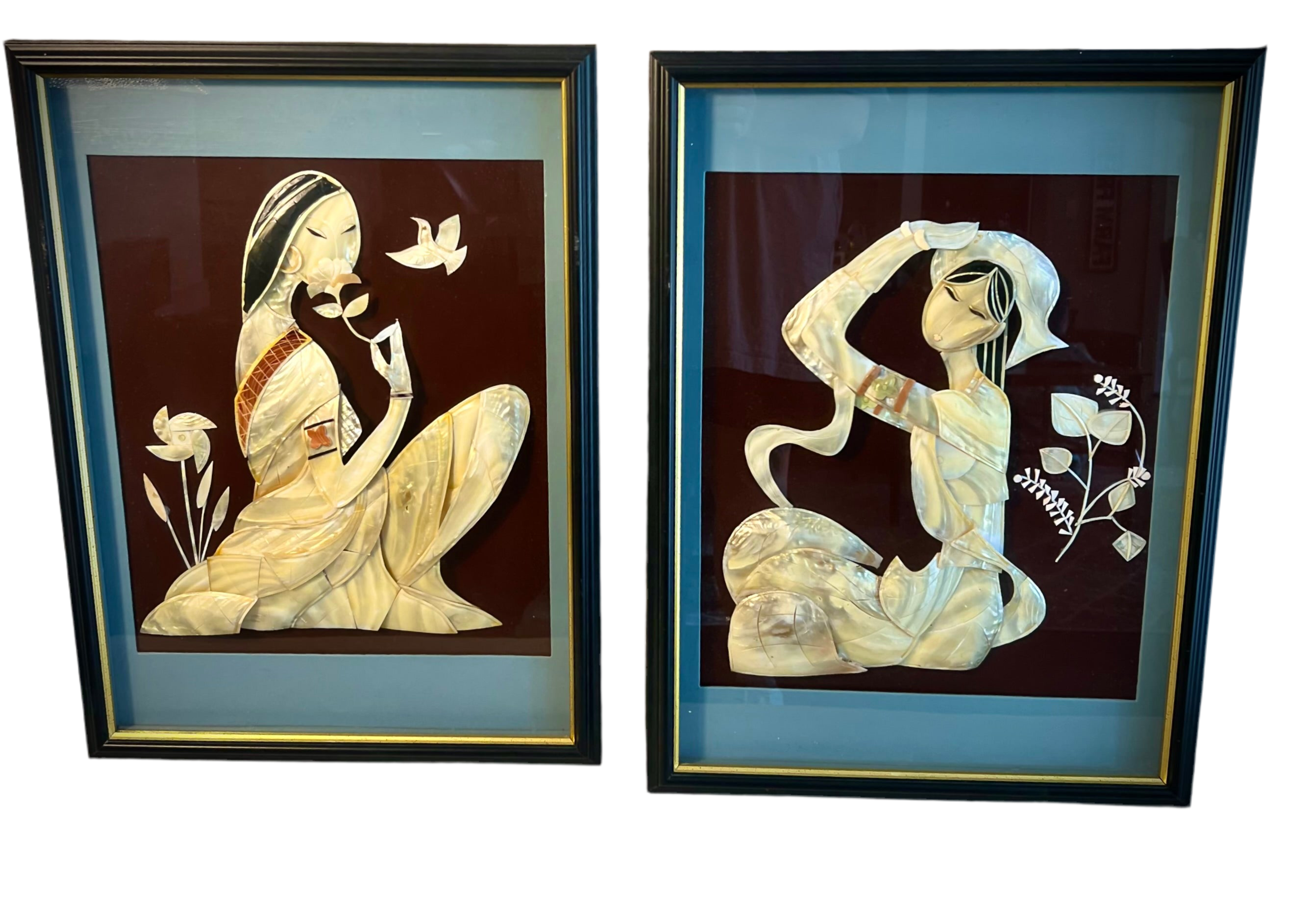 VINTAGE MOTHER OF PEARL WOMAN WITH BIRD – FRAMED SHELL INLAY ART PANEL – 22X16 INCHES