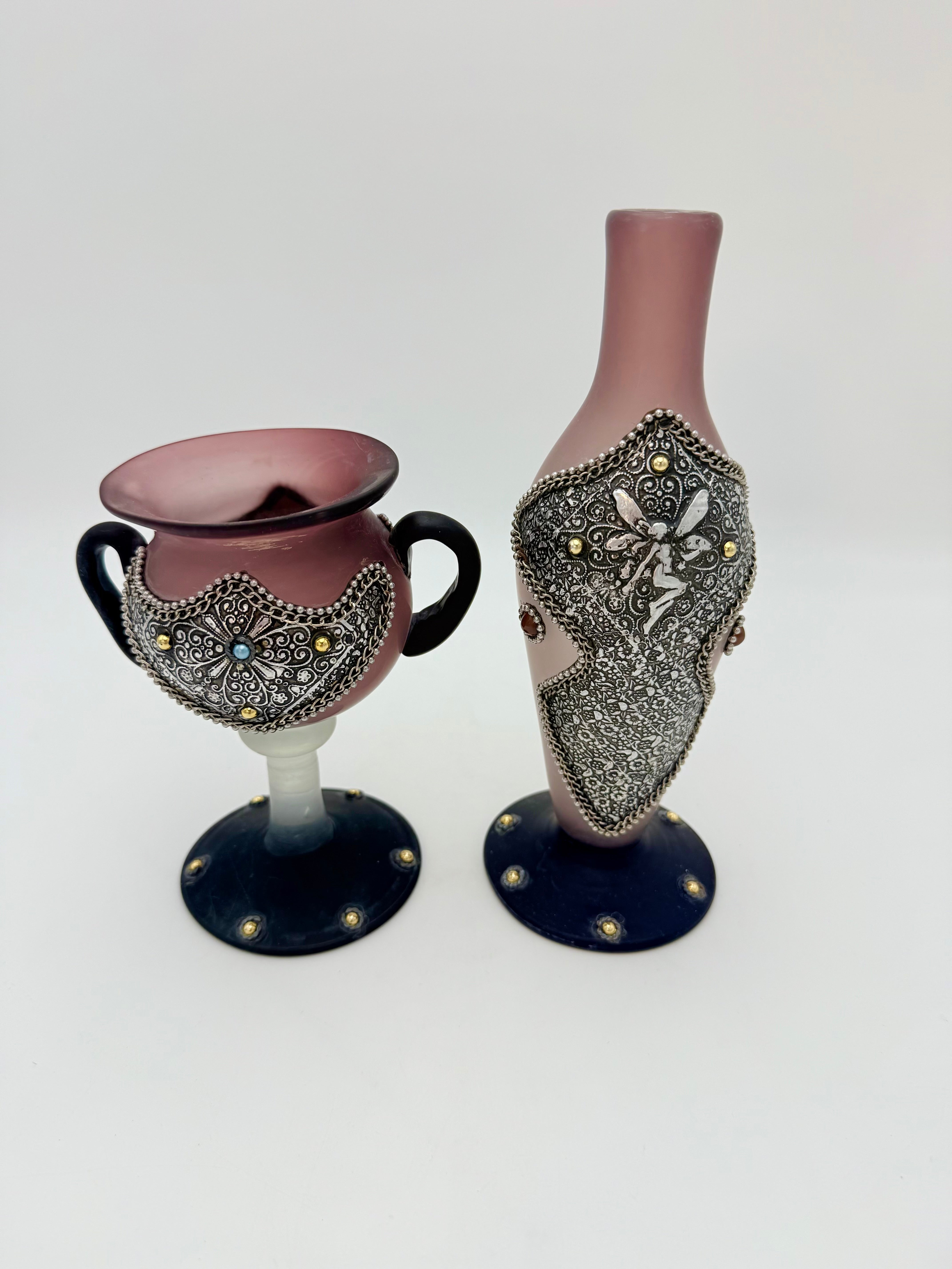 VINTAGE JEWELED ART GLASS VASE AND GOBLET SET | ORNATE METAL OVERLAY PEDESTAL DECOR | HOLLYWOOD REGENCY ECLECTIC ACCENT