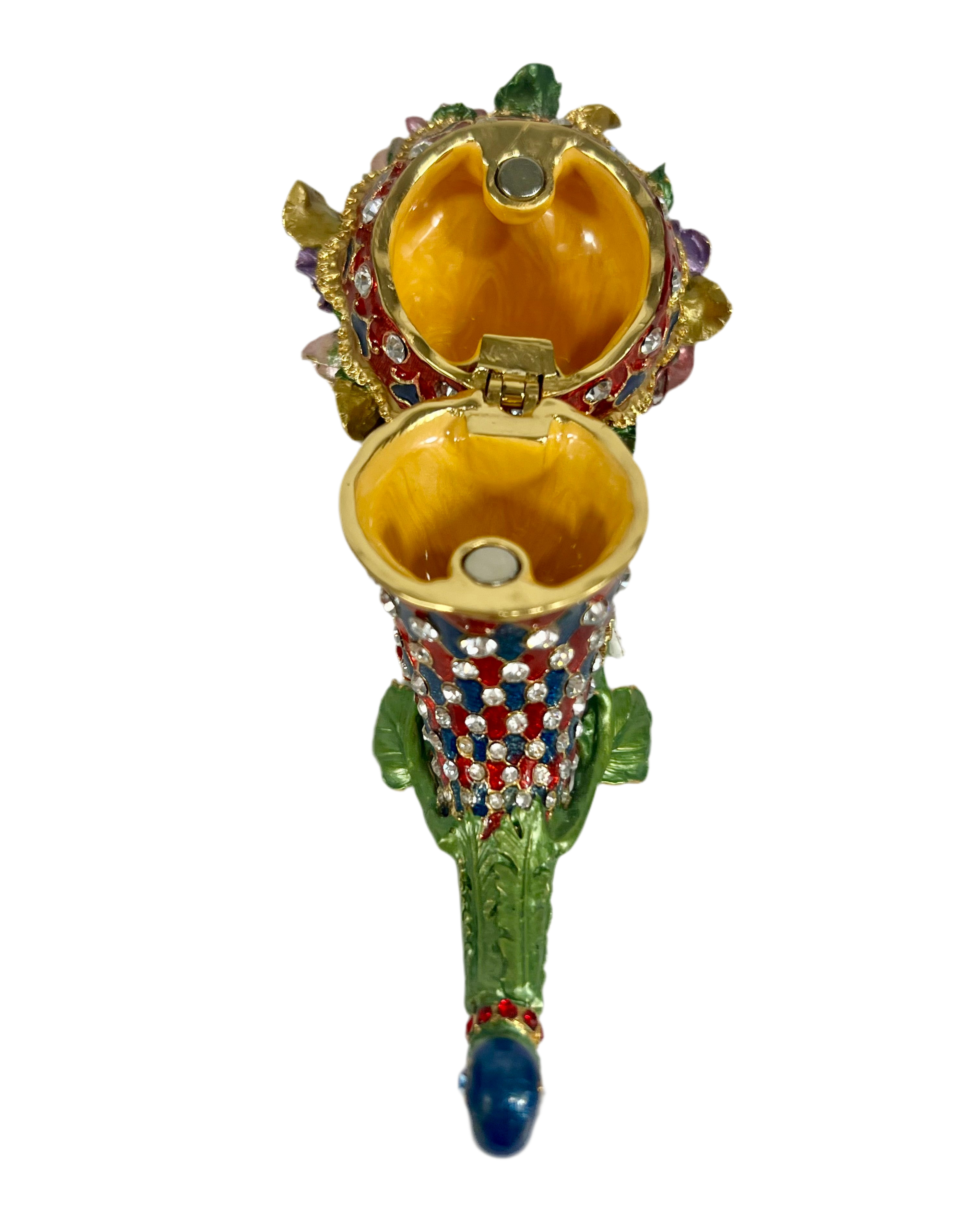 JEWELED CORNUCOPIA TRINKET BOX ENAMEL FLORAL HORN OF PLENTY DECOR