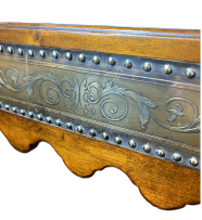 Theodore Alexander Regency Engraver Brass Accent Table, Two Tier Acacia Side Table, Designer Regency Furniture