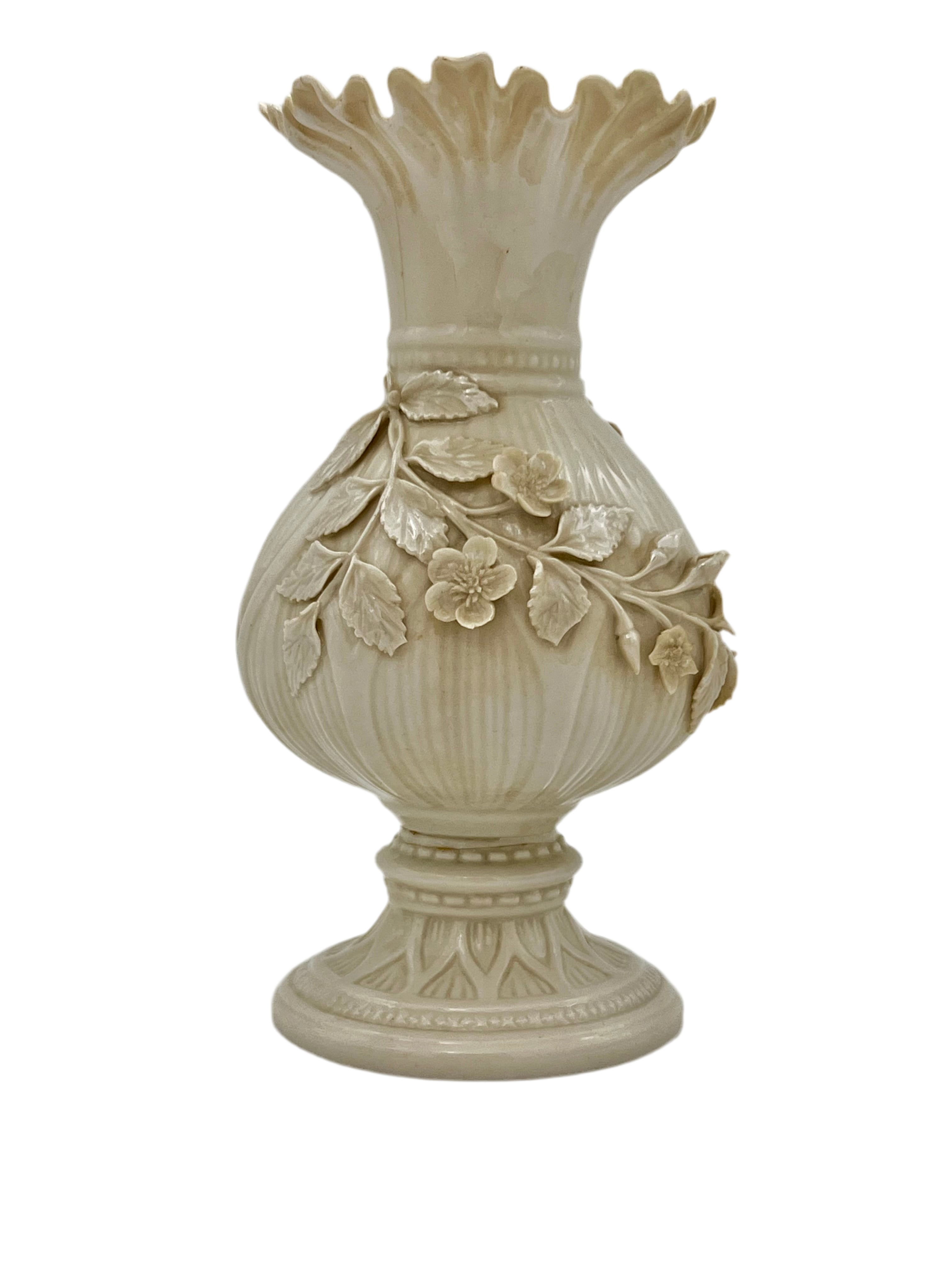 ANTIQUE BELLEEK PORCELAIN VASE 4TH GREEN MARK IRISH PARIAN FLORAL RELIEF