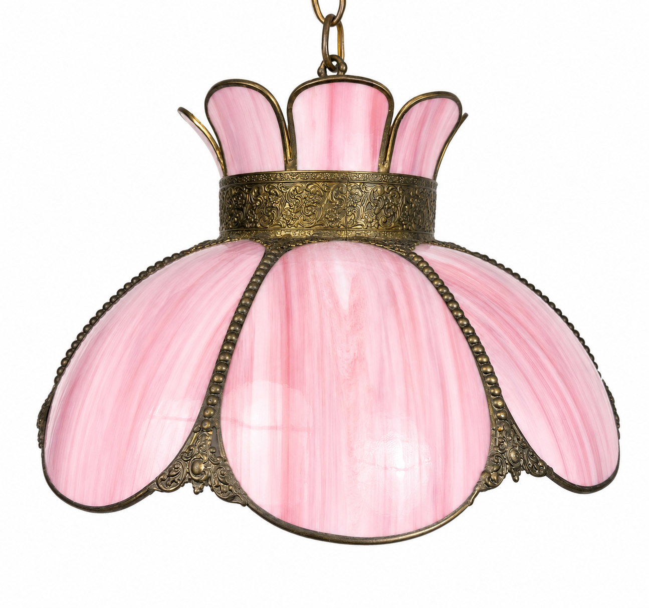 VINTAGE PINK SLAG GLASS FLORAL PENDANT CHANDELIER WITH ORNATE CAST METALWORK