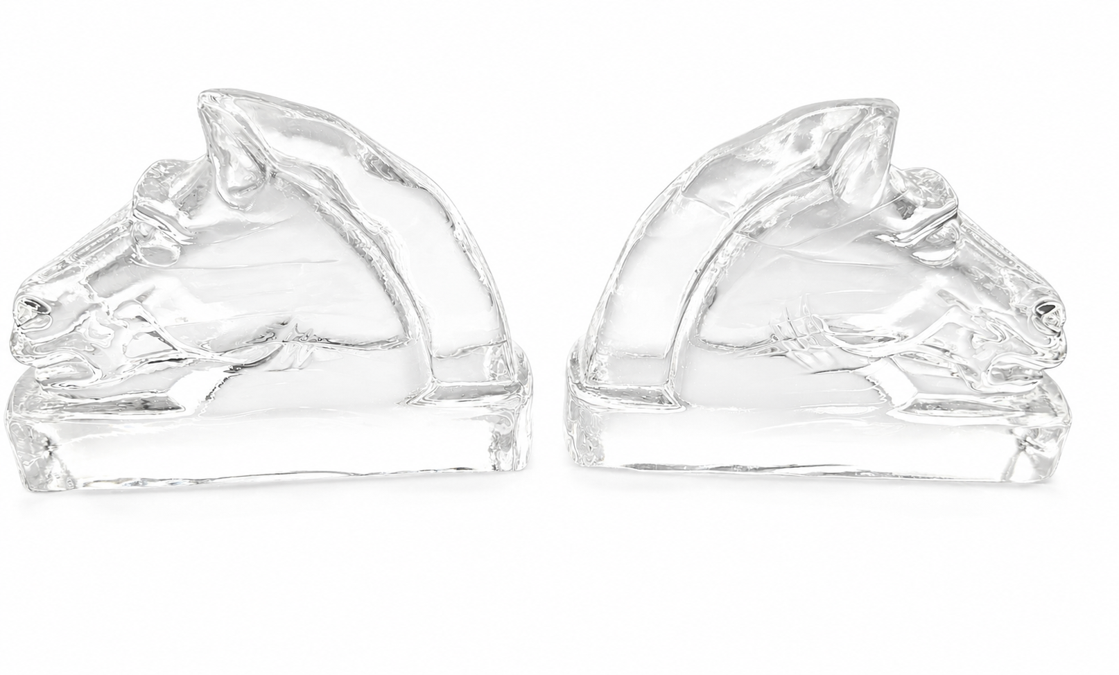 VINTAGE HEAVY CRYSTAL HORSE HEAD BOOKENDS | ART DECO STYLE SCULPTURAL PAIR