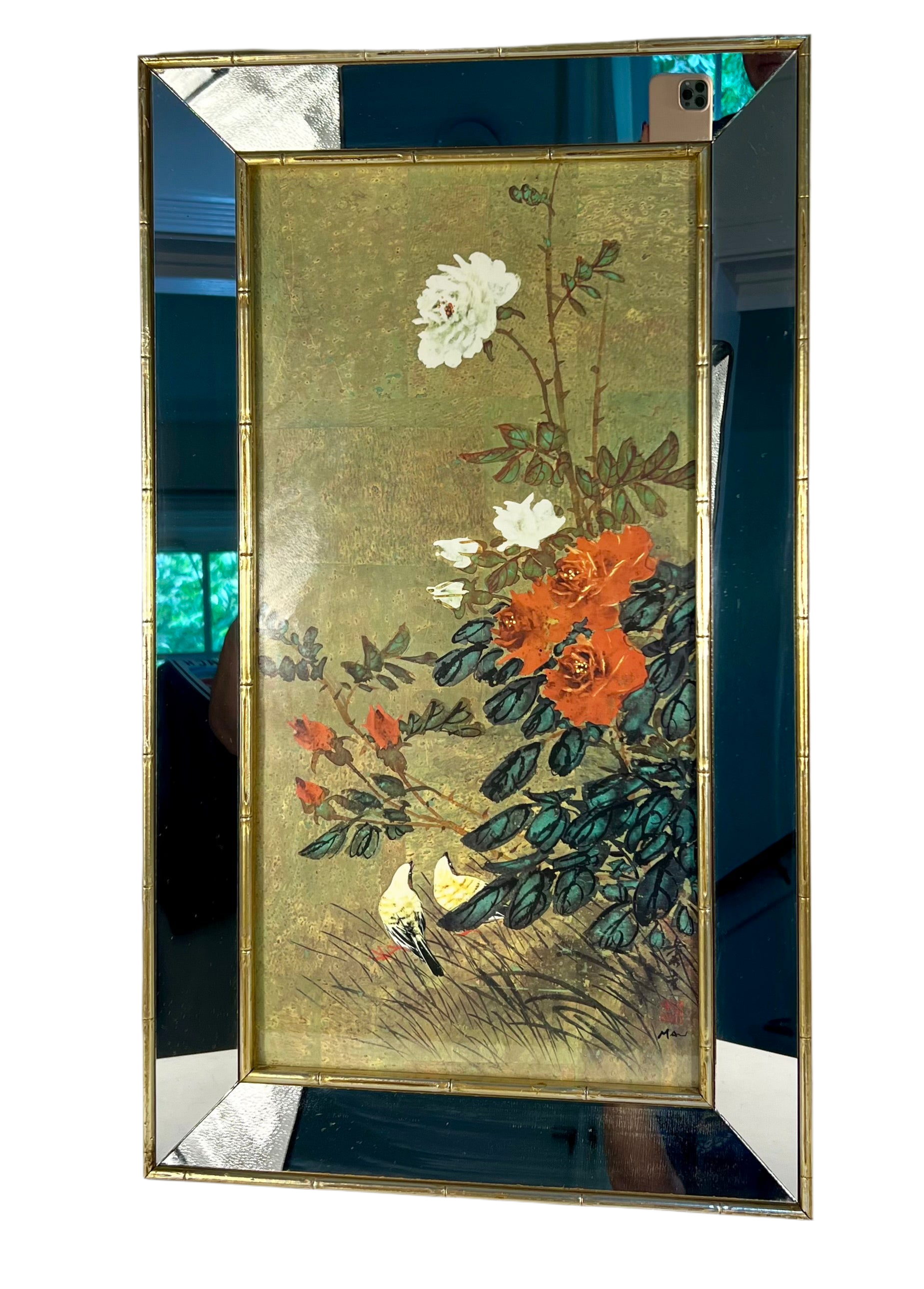 VINTAGE HUI CHI MAU “FINCHES AND ROSES” CHINOISERIE ART PRINT IN MIRRORED BAMBOO FRAME | HOLLYWOOD REGENCY