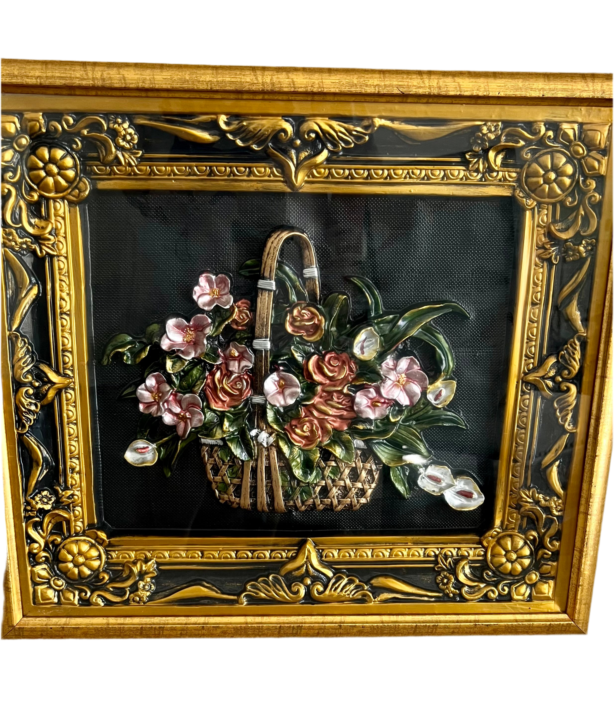 VINTAGE 1970s FLORAL BASKET 3D RELIEF WALL ART IN GOLD FRAME