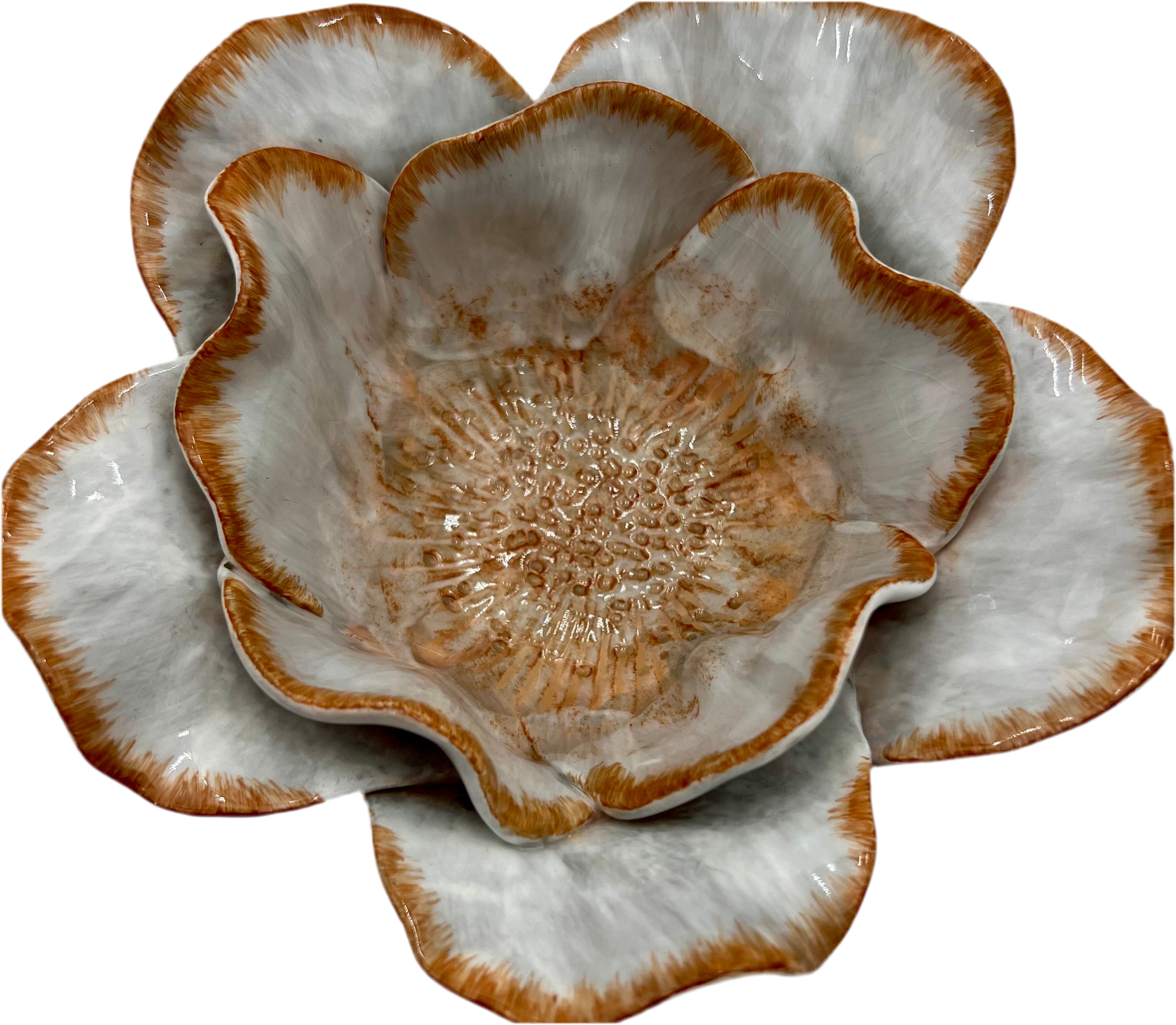STUDIO Z 2003 CERAMIC FLOWER BOWL – HAND-PAINTED LAYERED PETALS – WHITE & SIENNA GLAZE – SCULPTURAL FLORAL DECOR