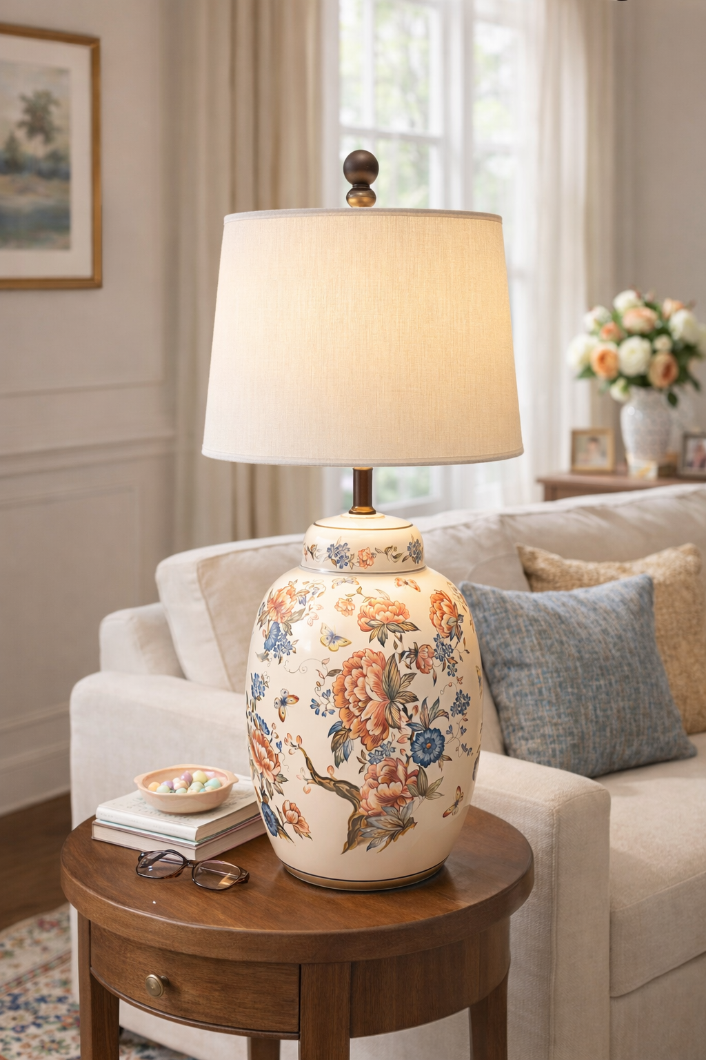 VINTAGE NATHAN LAGIN HANDMADE CERAMIC GINGER JAR LAMP – FLORAL & BUTTERFLY DESIGN