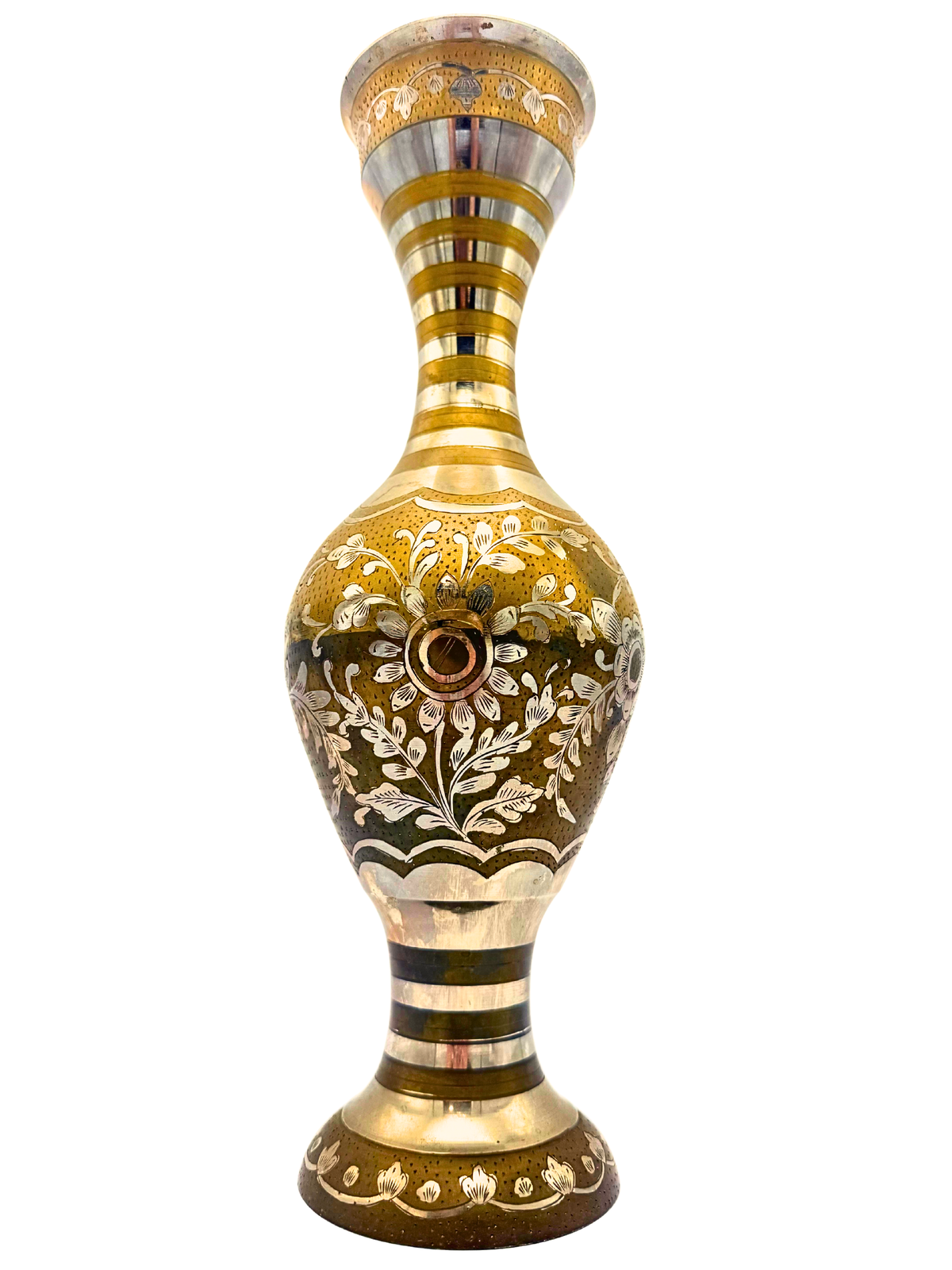 INDIAN BRASS AND SILVER INLAY VASE 15 INCH MID CENTURY GLOBAL DECOR