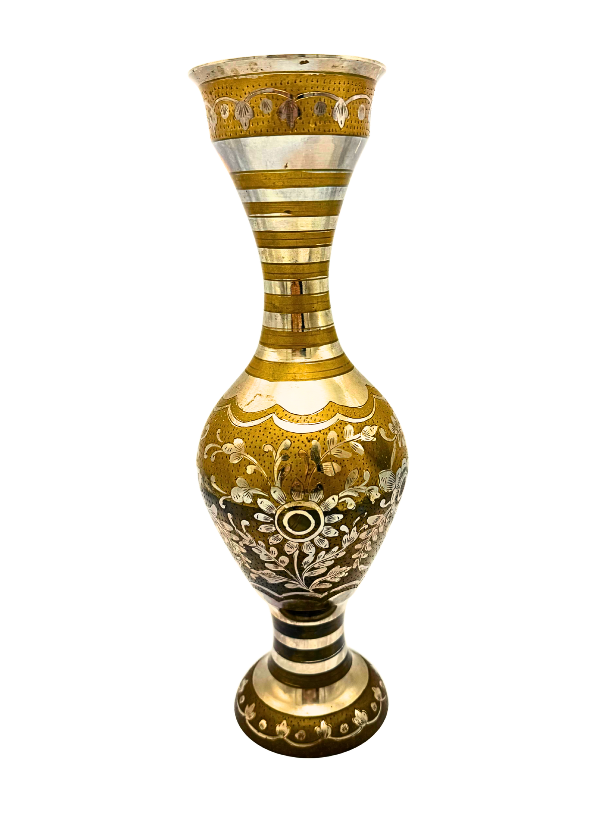 INDIAN BRASS AND SILVER INLAY VASE 15 INCH MID CENTURY GLOBAL DECOR