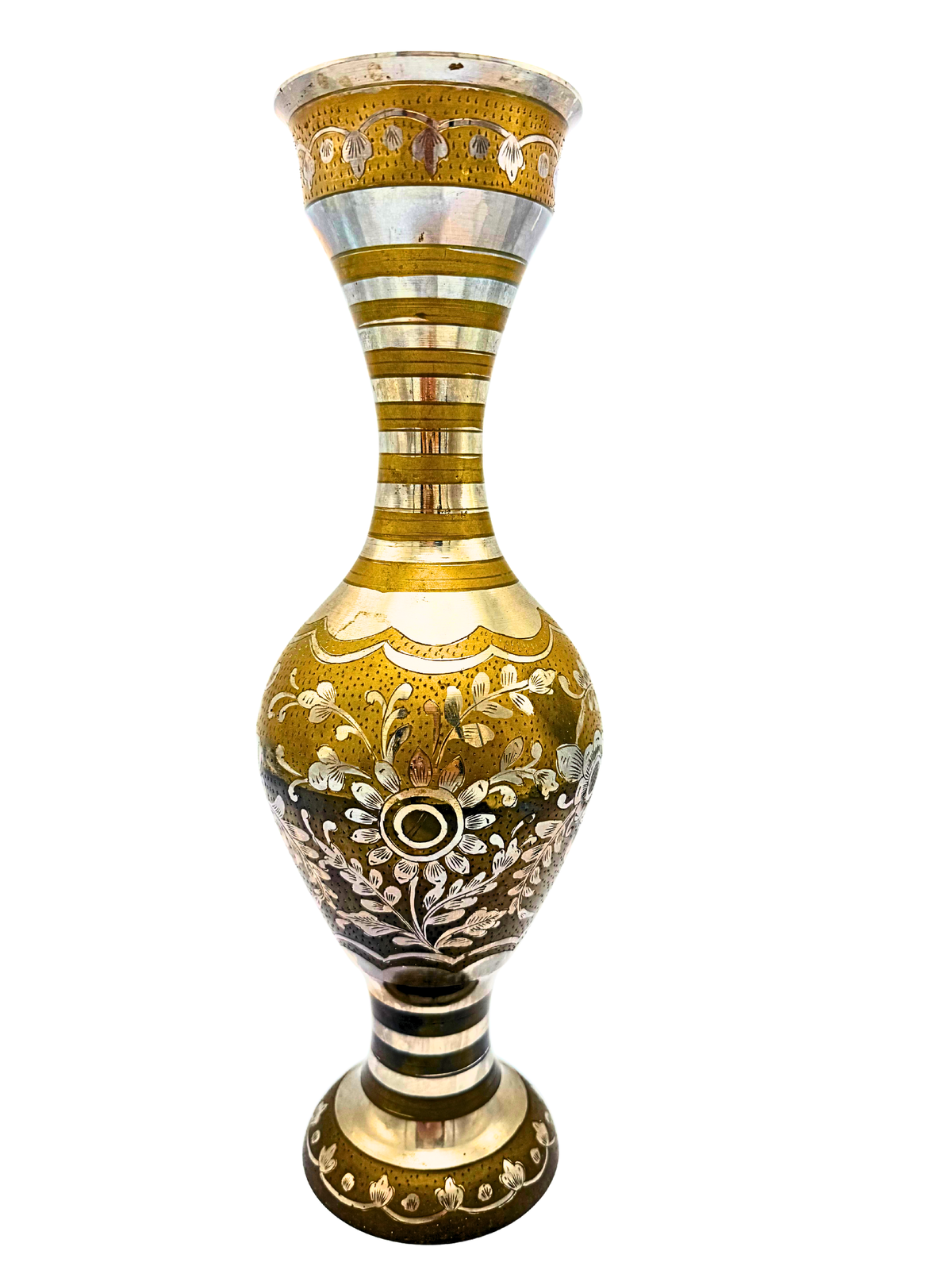 INDIAN BRASS AND SILVER INLAY VASE 15 INCH MID CENTURY GLOBAL DECOR