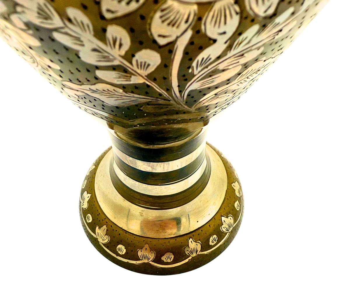 INDIAN BRASS AND SILVER INLAY VASE 15 INCH MID CENTURY GLOBAL DECOR