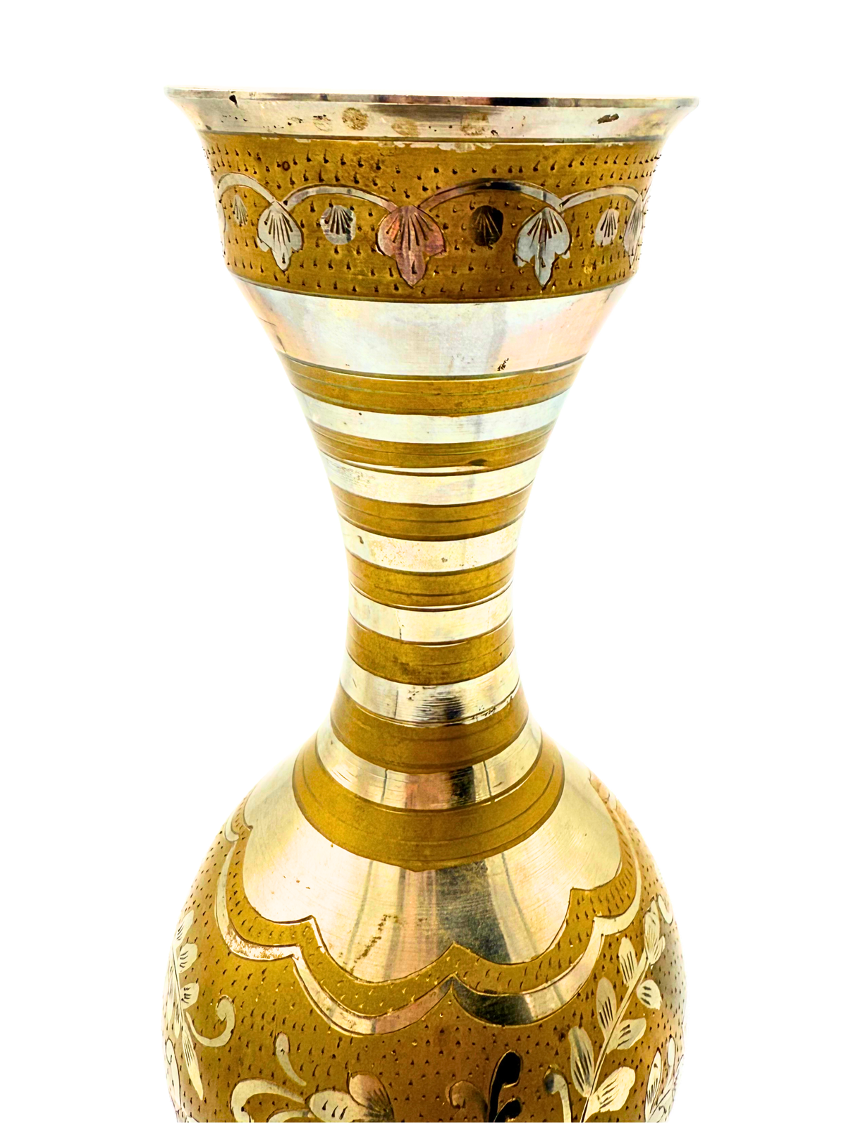 INDIAN BRASS AND SILVER INLAY VASE 15 INCH MID CENTURY GLOBAL DECOR